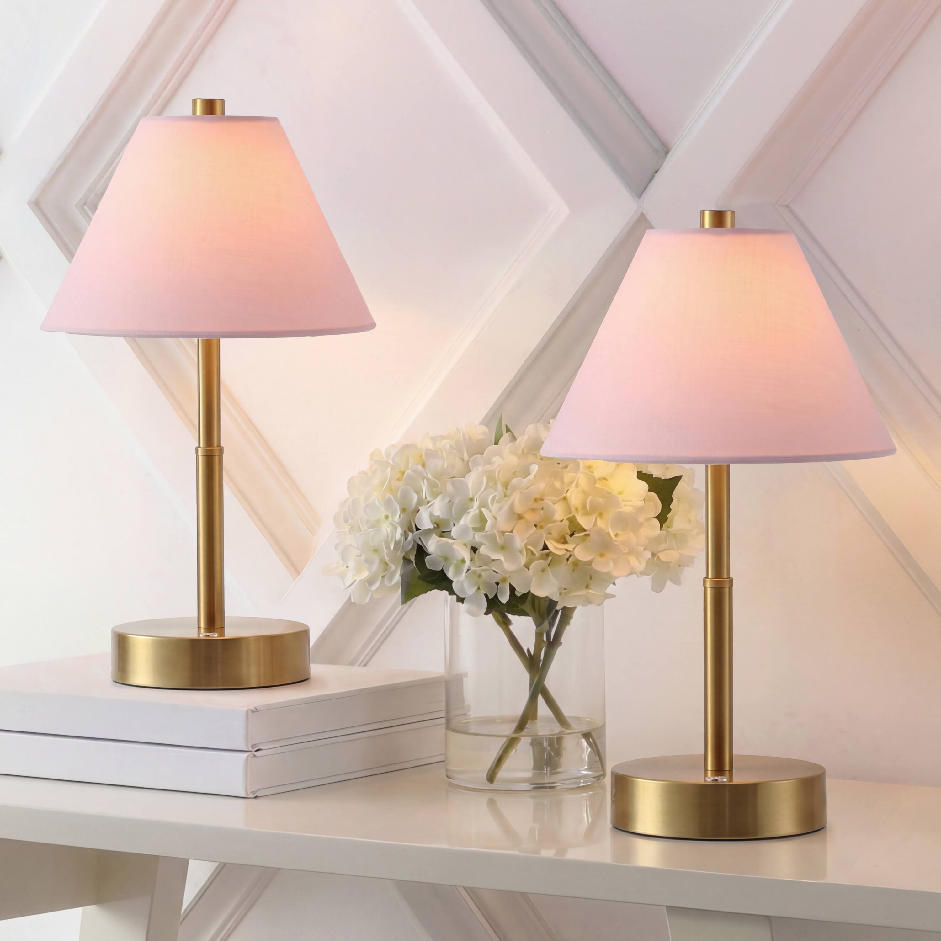 Alt View 1. Jonathan Y - Cordelia 11.13" Metal Candlestick Rechargeable Table Lamp Set of 2 Brass Gold with Pink Shade and Touch Sensor Dimmer - Brass Gold.