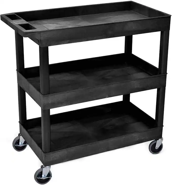 Front. Amber Sporting Goods - Mobile Utility Tub Cart – 3 Shelves, Ergonomic Handle, 400 lbs Capacity, 32x18", Black - Black.