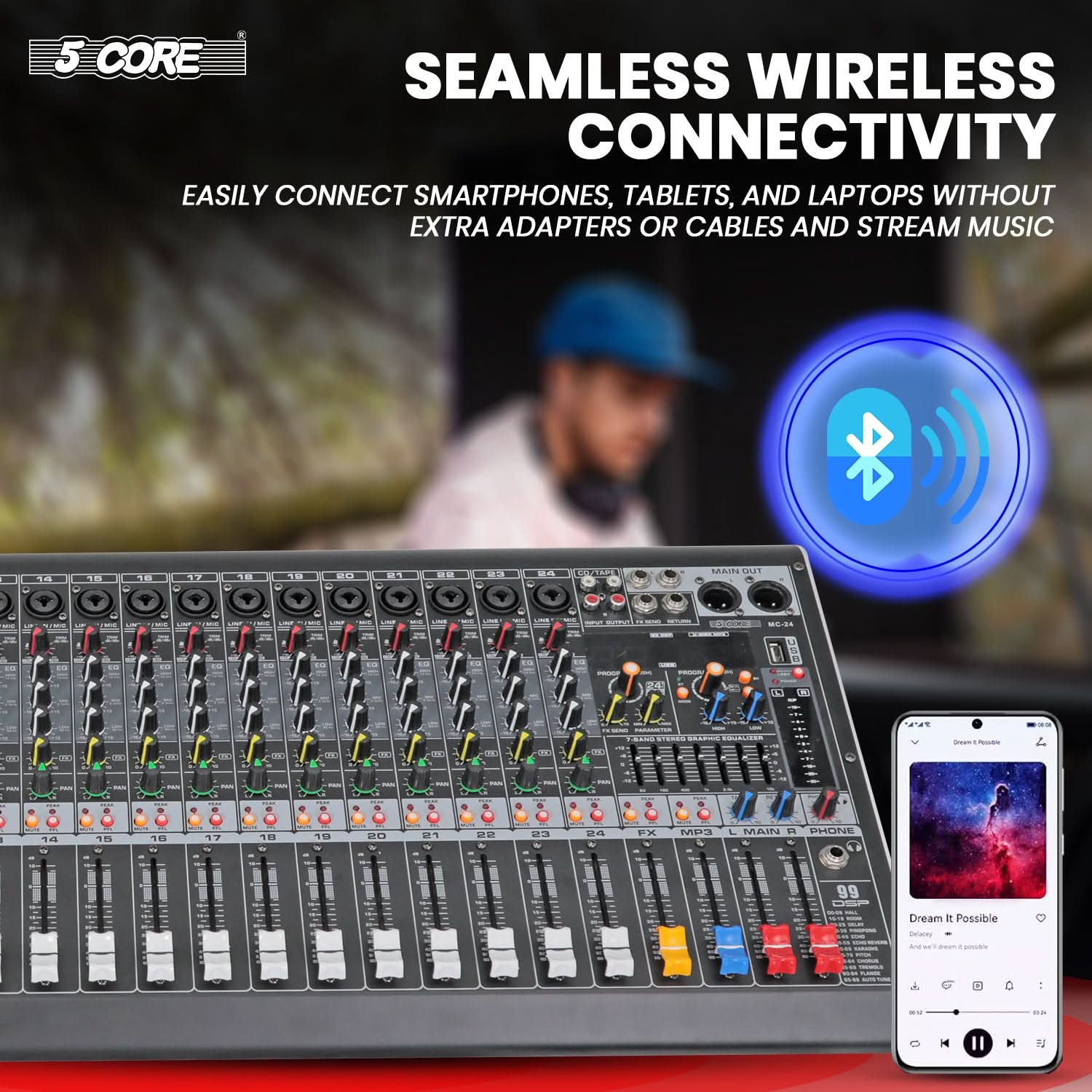 5 CORE

SEAMLESS WIRELESS CONNECTIVITY

EASILY CONNECT SMARTPHONES, TABLETS, AND LAPTOPS WITHOUT EXTRA ADAPTERS OR CABLES AND STREAM MUSIC