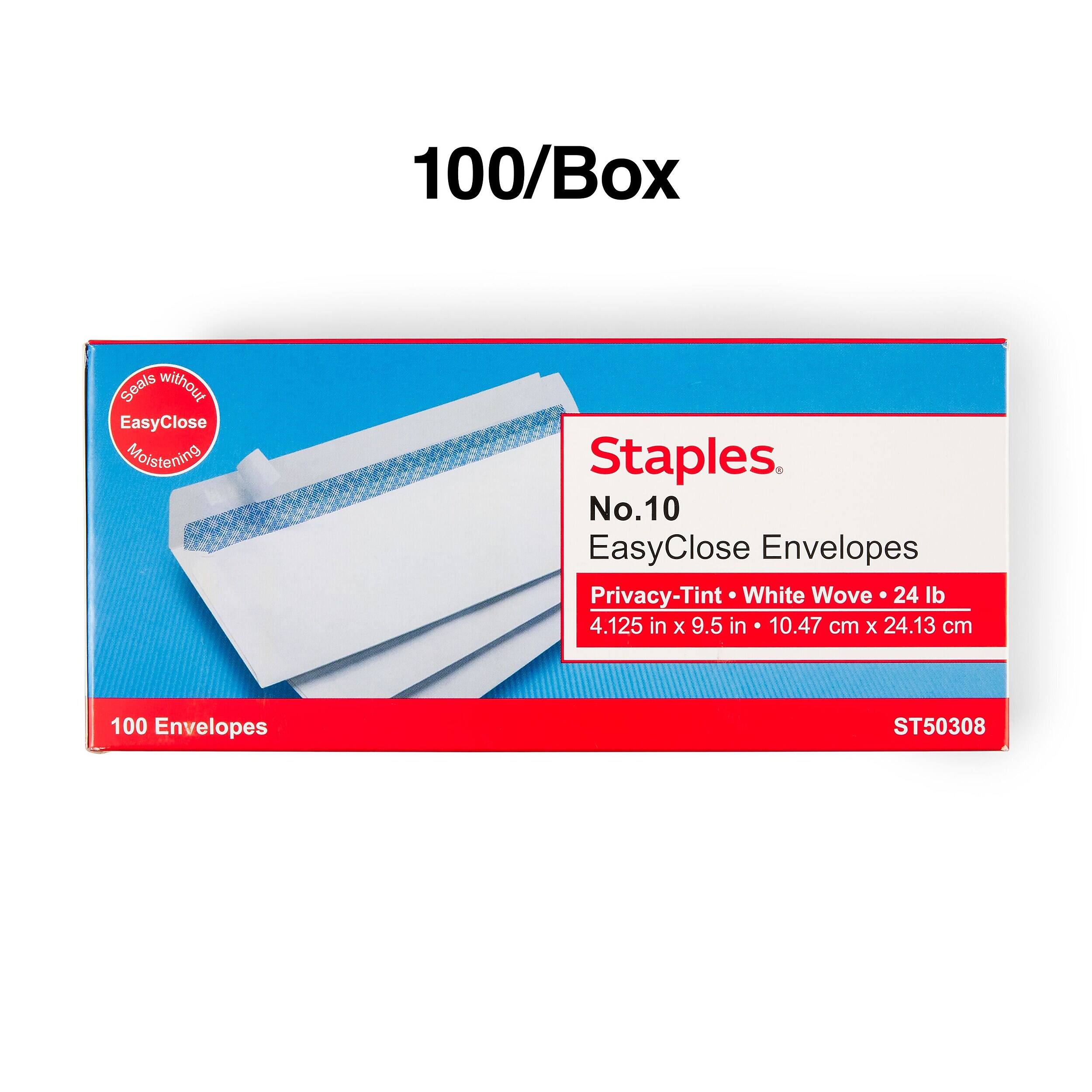 100/Box  
Seals without EasyClose Moistening  
Staples No.10 EasyClose Envelopes Privacy-Tint White Wove 24 lb 4.125 in X 9.5 in 10.47 cm X 24.13 cm  
100 Envelopes  
ST50308