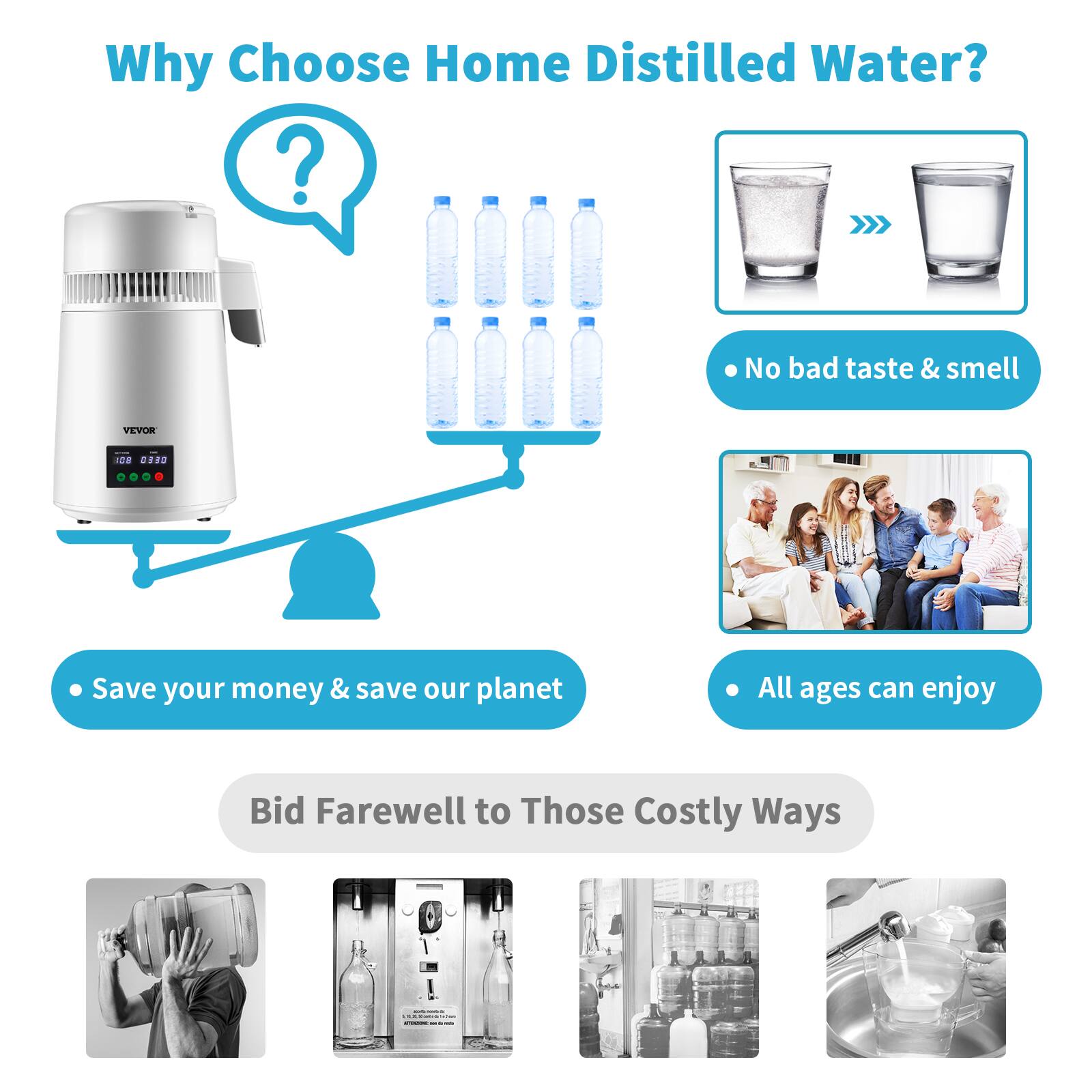 Why Choose Home Distilled Water?

- No bad taste & smell
- Save your money & save our planet
- All ages can enjoy

Bid Farewell to Those Costly Ways