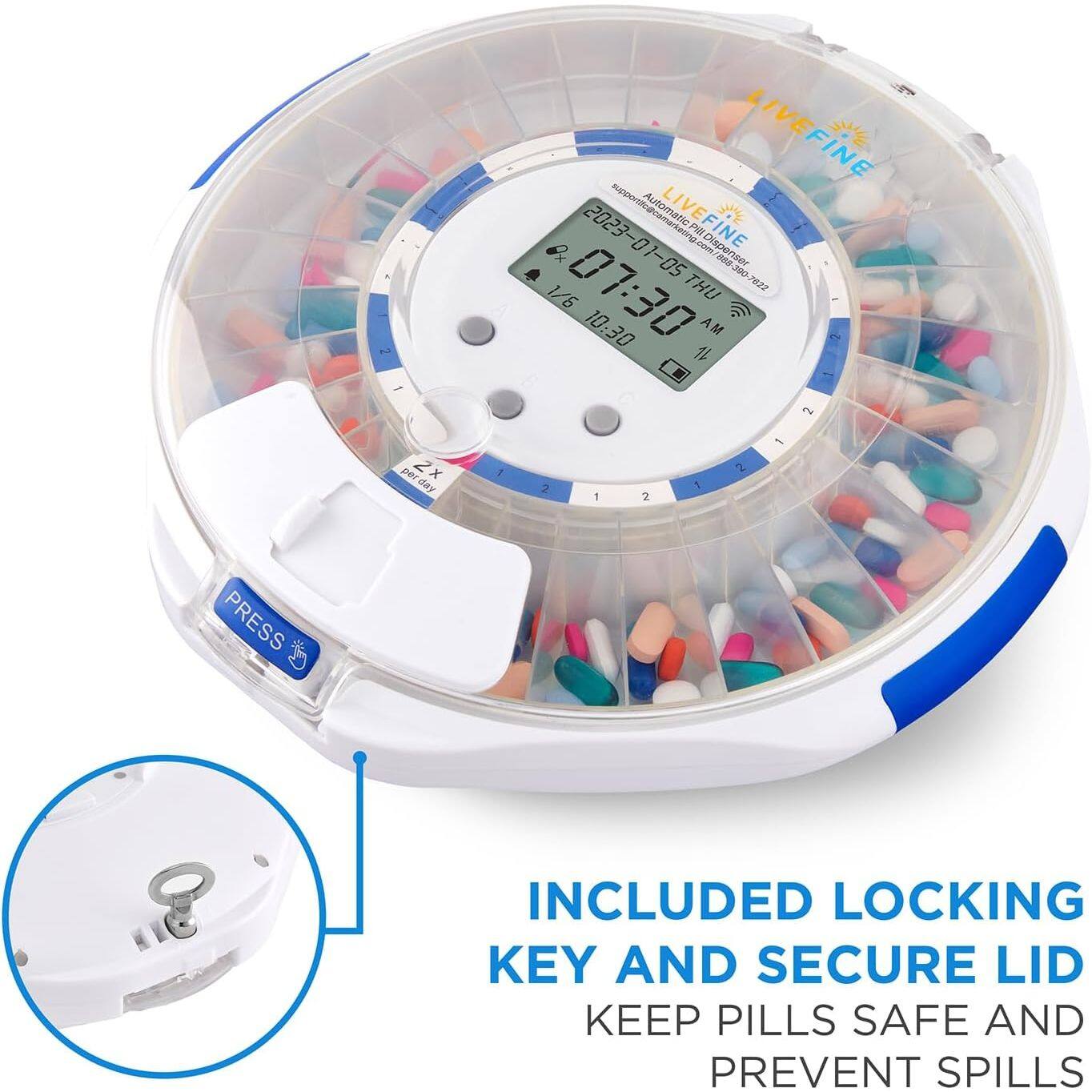 LIVEFINE supports Automatic O 2023-01-05 LIVEFINE ing.com PM Dispenser sE0 a JBO 07:30 THU r822 1/6 - 10:30 AM - 1 - 2 per day per 2x x day 1 2 1 2 1 2 - PRESS o INCLUDED LOCKING KEY AND SECURE LID KEEP PILLS SAFE AND PREVENT SPILLS