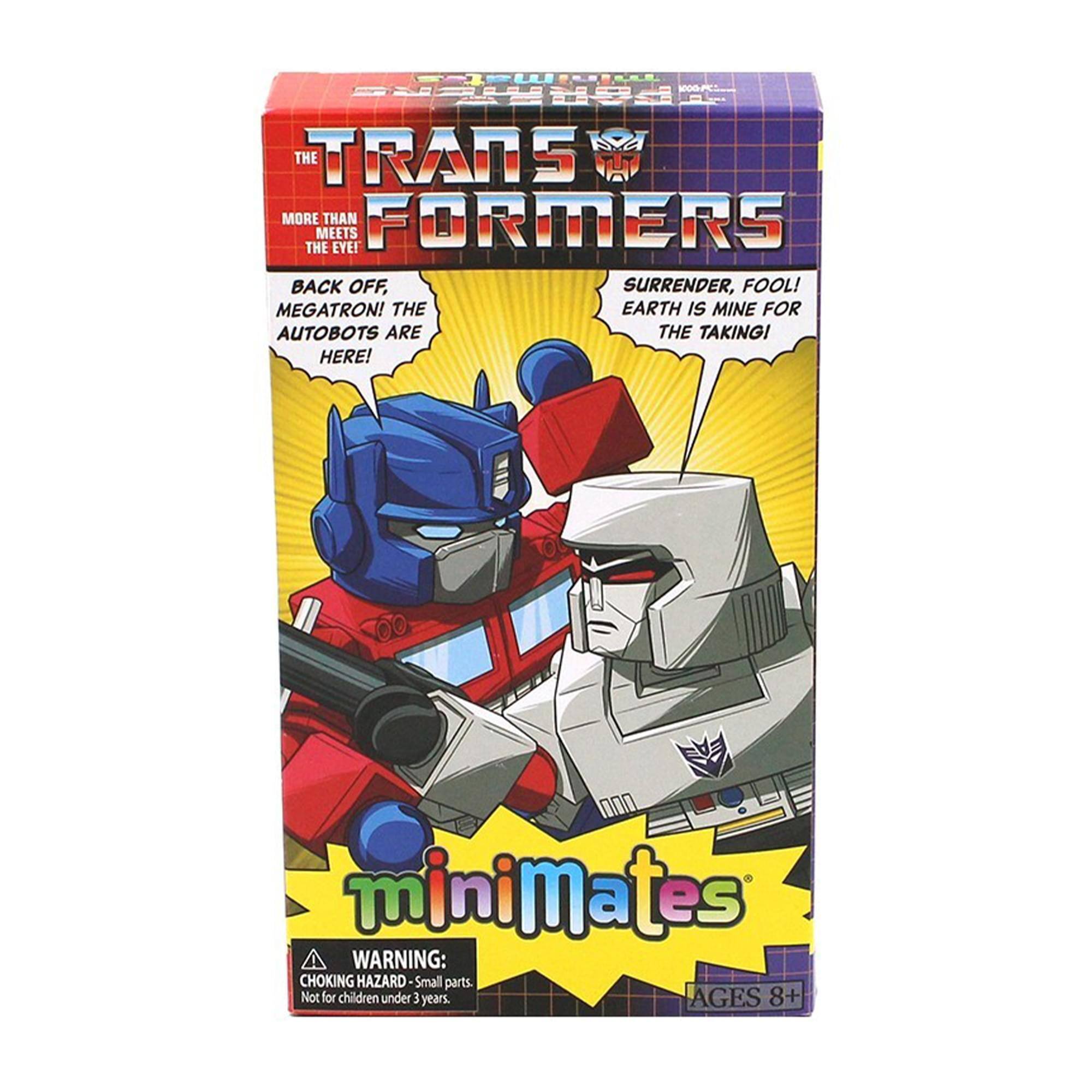 The Transformers  
More Than Meets the Eye!  

Back Off, Megatron! The Autobots Are Here!  
Surrender, Fool! Earth Is Mine for the Taking!  

Minimates  
Warning: Choking Hazard - Small parts. Not for children under 3 years.  
Ages 8+