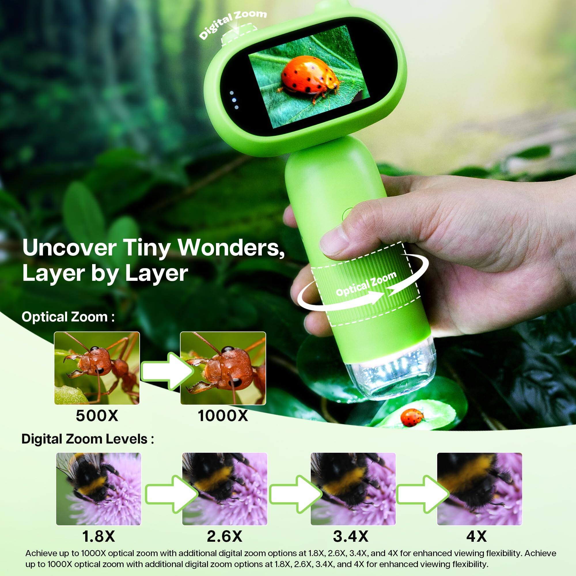 Uncover Tiny Wonders, Layer by Layer

Optical Zoom:
500X → 1000X

Digital Zoom Levels:
1.8X → 2.6X → 3.4X → 4X

Achieve up to 1000X optical zoom with additional digital zoom options at 1.8X, 2.6X, 3.4X, and 4X for enhanced viewing flexibility.