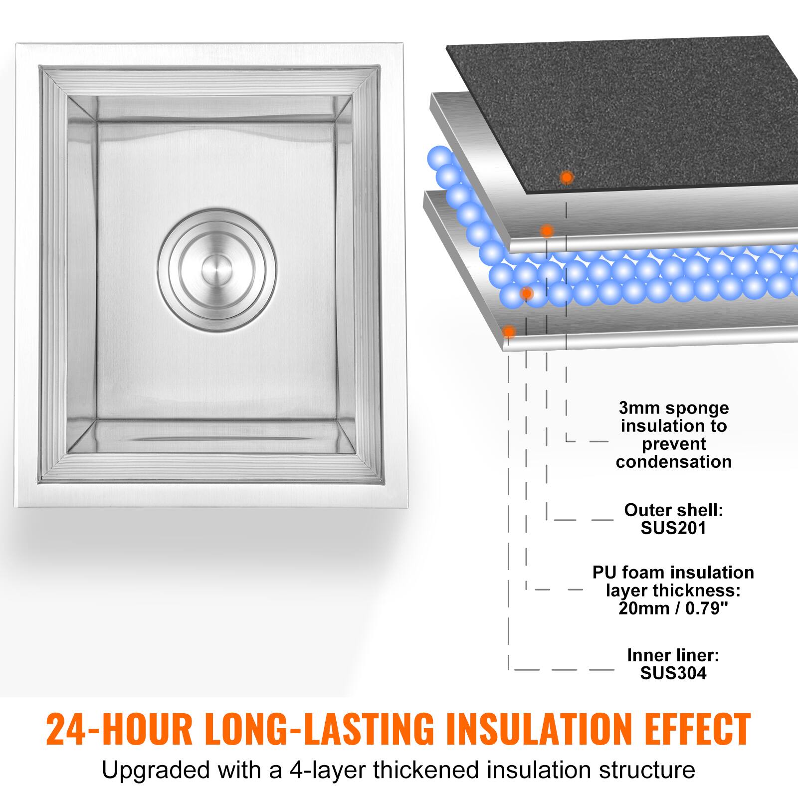 3mm sponge insulation to prevent condensation  
Outer shell: SUS201  
PU foam insulation layer thickness: 20mm / 0.79"  
Inner liner: SUS304  

24-HOUR LONG-LASTING INSULATION EFFECT  
Upgraded with a 4-layer thickened insulation structure