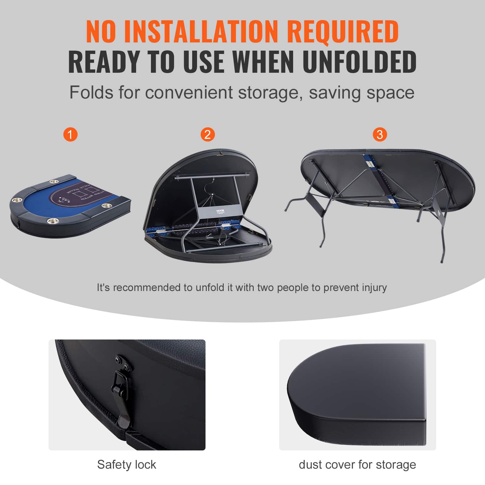 NO INSTALLATION REQUIRED READY TO USE WHEN UNFOLDED Folds for convenient storage, saving space 1 2 3 1 It's recommended to unfold it with two people to prevent injury Safety lock dust cover for storage