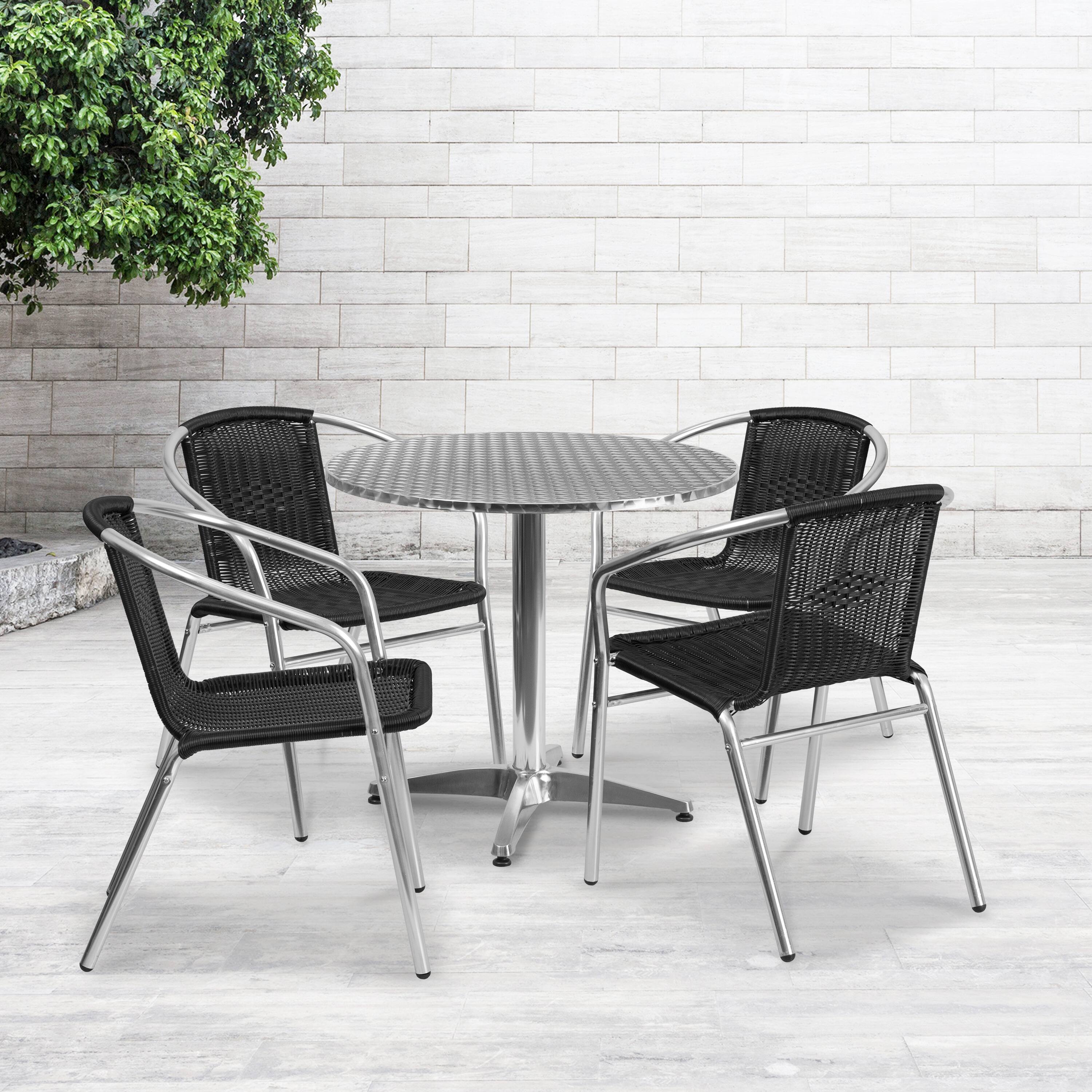 Alt View 1. Emma + Oliver - 31.5" Round Aluminum Garden Patio Table Set with 4 Rattan Chairs - Black.