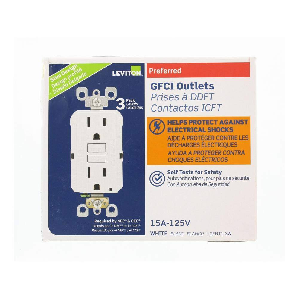 Design Slim Delgado Design Diseño LEVITON Preferred GFCI Outlets Pack Prises 3 Units Unidades Contactos ICFT HELPS PROTECT AGAINST ELECTRICAL SHOCKS AIDE A PROTÉGER CONTRE LES DÉCHARGES ÉLECTRIQUES AYUDA A PROTEGER CONTRA CHOQUES ELÉCTRICOS Self Tests for Safety Autovérifications, pour plus de sécurité Con Autoprueba de Seguridad Required by NEC & CEC Requis par le NEC et le CCE Requerido por el NEC y el CCE WHITE BLANC BLANCO GFNT1-3W