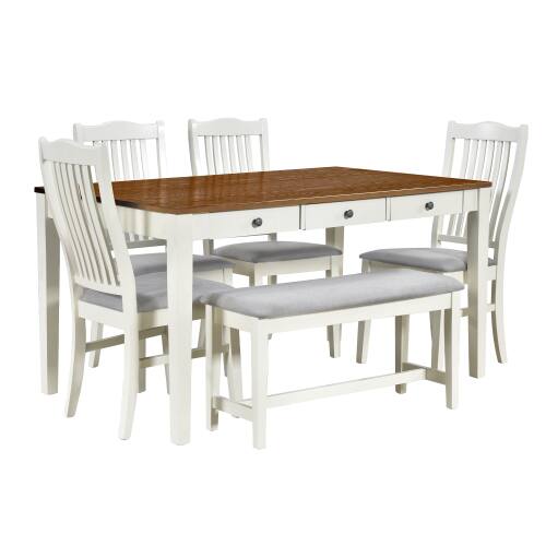 Alt View 3. LUCKY ONE - 6-Piece Mid-Century Set with Drawer, 59" Rectangular Dining Table, Bench and 4 Chairs - White.