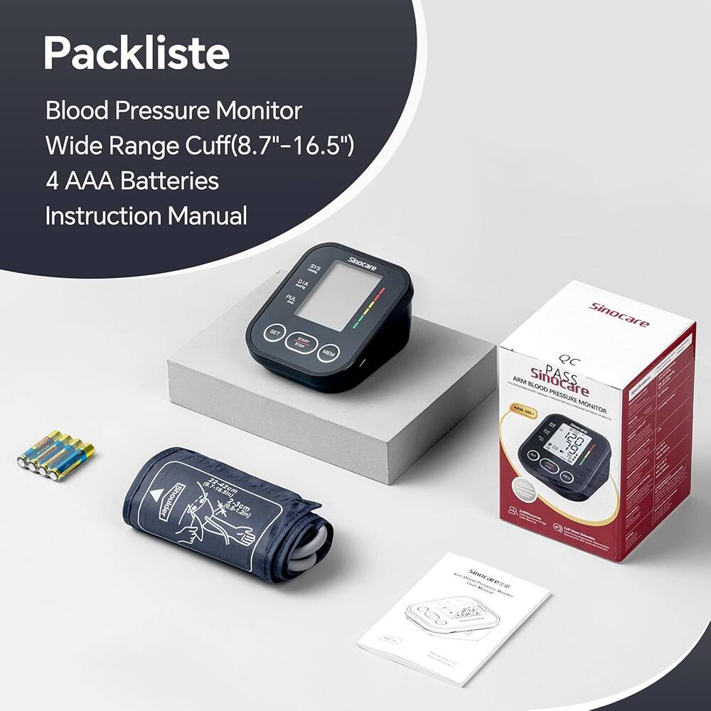 Packliste

Blood Pressure Monitor  
Wide Range Cuff (8.7"–16.5")  
4 AAA Batteries  
Instruction Manual