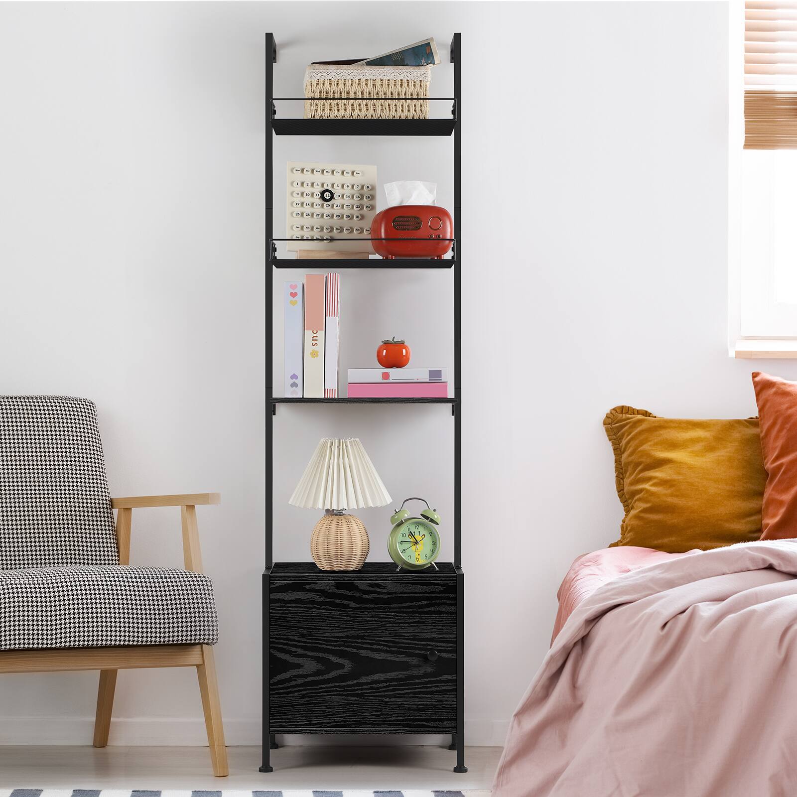 Alt View 2. Oumilen - 4-Tier Ladder Style Storage Shelf with Lockable Cabinet, Matte Black Metal Frame Dark Ash Wood Grain Display Rack - Black.