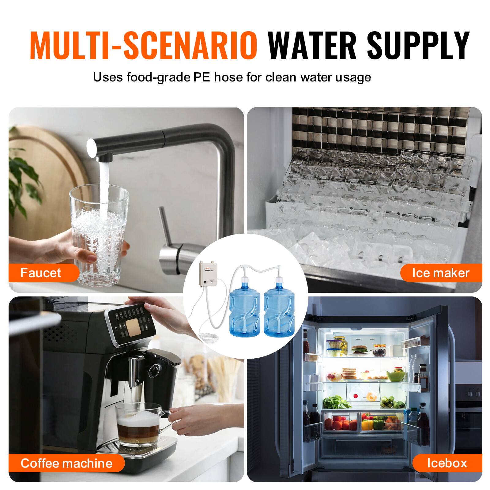 MULTI-SCENARIO WATER SUPPLY  
Uses food-grade PE hose for clean water usage

- Faucet
- Ice maker
- Coffee machine
- Icebox