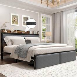 GARVEE - Metal Platform Bed with Storage Headboard, 2 Drawers, LED Light & Charging Station, No Box Spring Needed - Gray