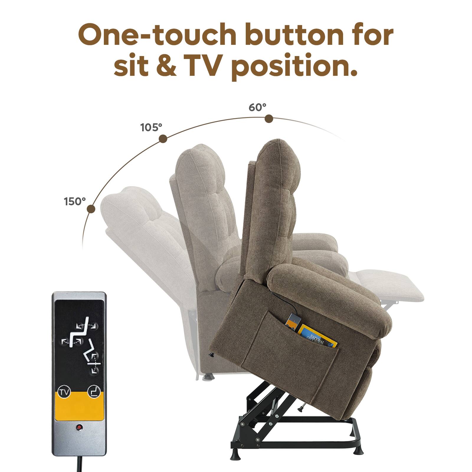 The text on the image reads: "One-touch button for sit & TV position."