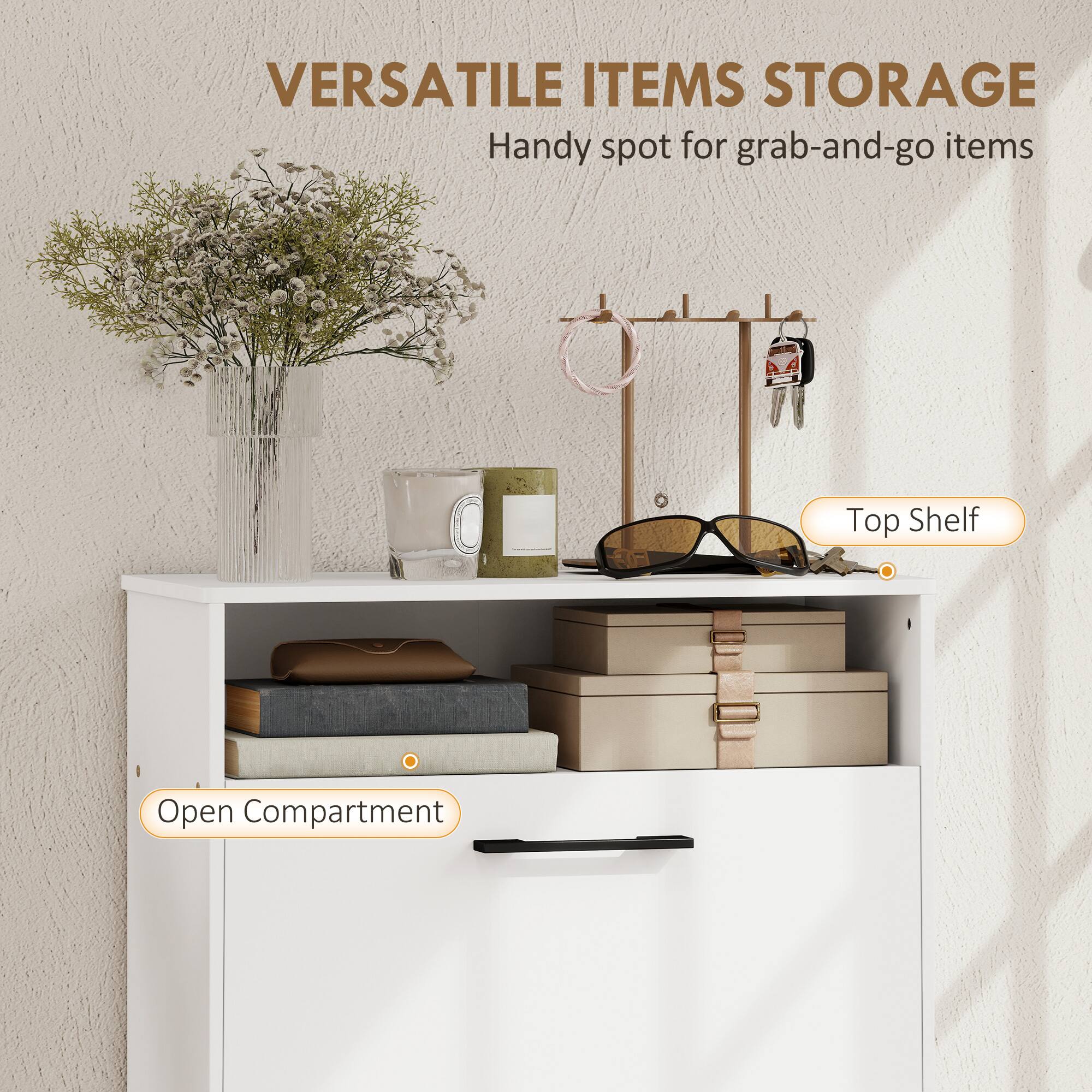 VERSATILE ITEMS STORAGE  
Handy spot for grab-and-go items  

Top Shelf  
Open Compartment