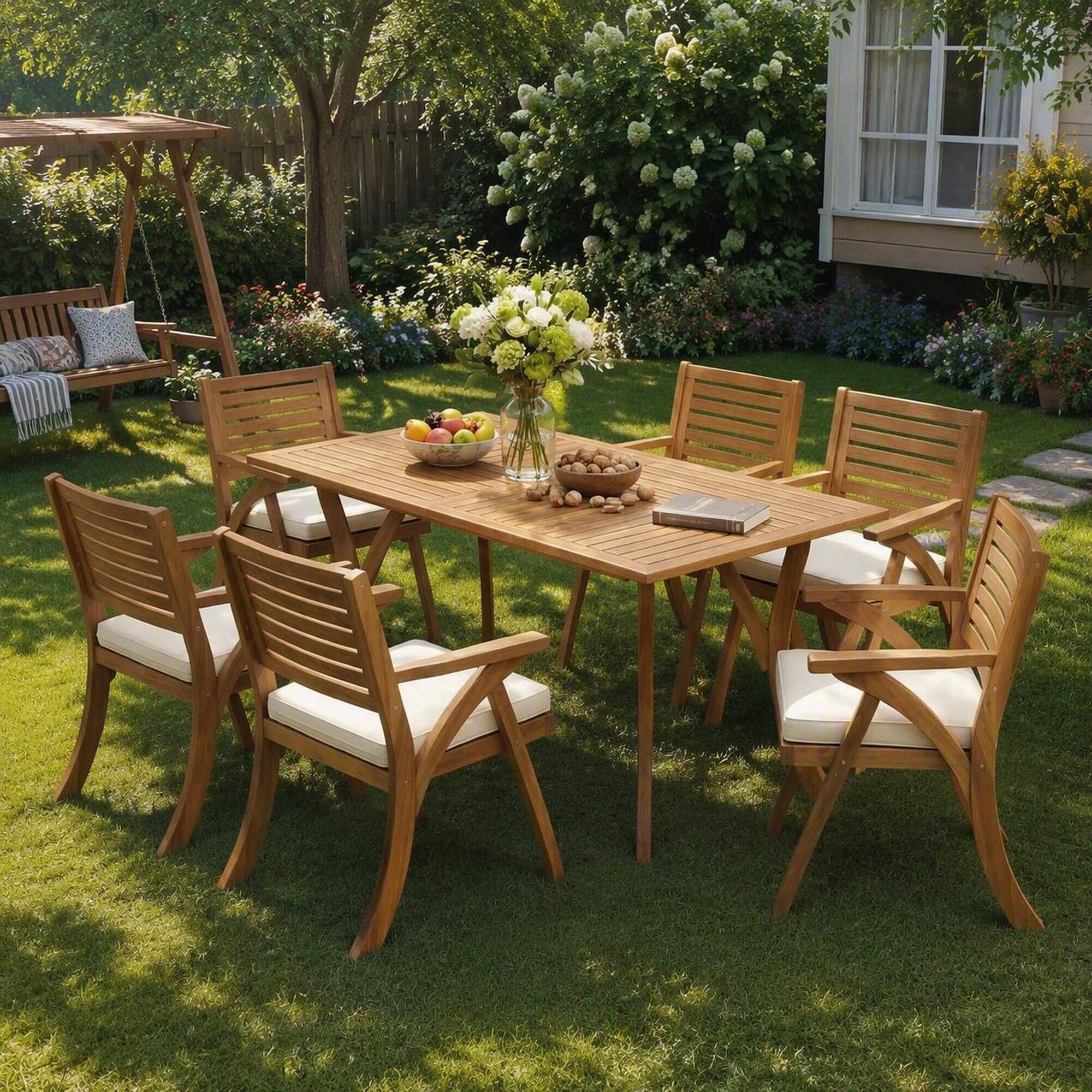 Alt View 2. RYHNUYNE - 7‑Piece Outdoor Teak Finish Wood Dining Set,Patio Furniture Dining Set with Rectangular Table & 6 Arm Chairs - Cream,Teak.