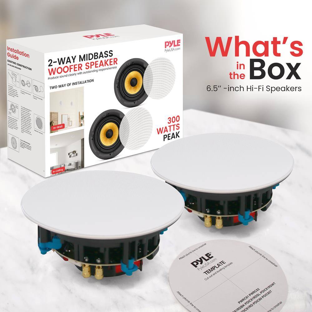 **Installation Guide**  
MIDBASS EXISTING CONSTRUCTION  
2-WAY SPEAKER - WOOFER  
Produce sound clearly with outstanding responsiveness  
TWO WAY OF INSTALLATION  

**What's in the Box**  
6.5" - inch Hi-Fi Speakers  
300 WATTS PEAK  

**PYLE**  
PyleUSA.com  

**2-WAY MIDBASS WOOFER SPEAKER**  
Produce sound clearly with outstanding responsiveness  
TWO WAY OF INSTALLATION  

**PYLE TEMPLATE**  
Cut and leveling template