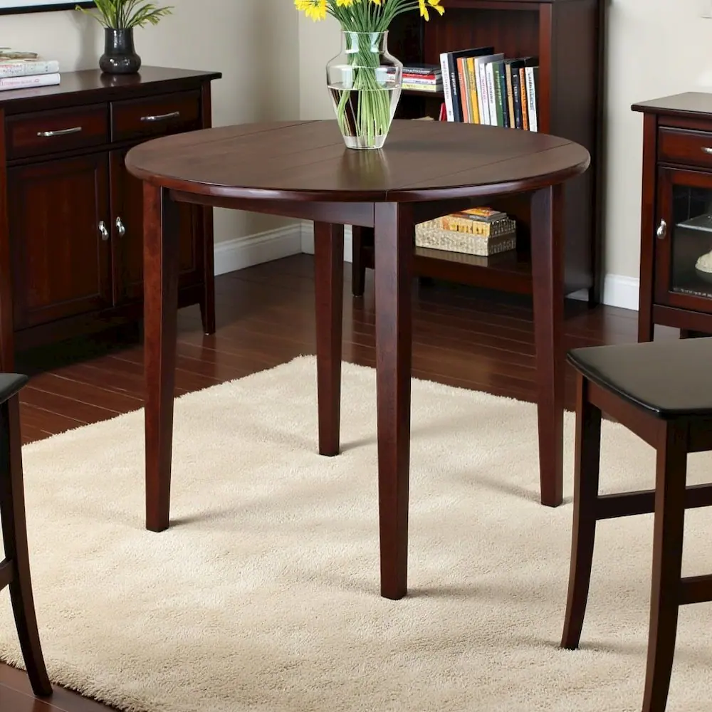 Alt View 3. FurniFact - Walnut Small Round Drop Leaf Table – Foldable Dining Table for Spaces - Walnut.