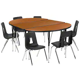 Flash Furniture - Emmy 76" Oval Wave Flexible Laminate Activity Table Set with 16" Student Stack Chairs, Oak/Black - Brown