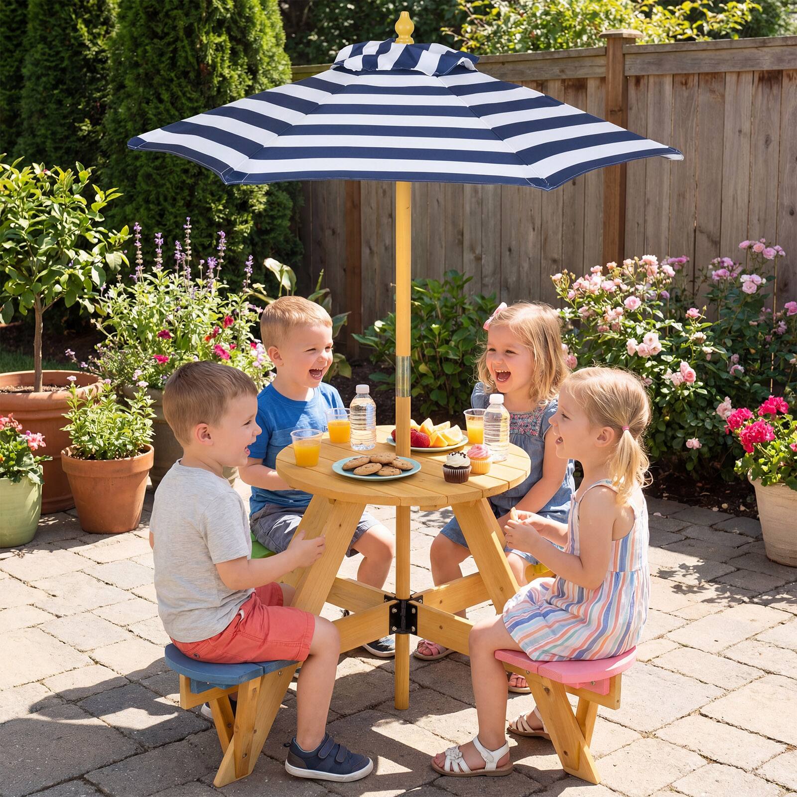 Alt View 1. Gymax - Gymax Kids Picnic Table w/ Stools Wooden Activity Desk Set w/ Foldable Umbrella - Multicolor.