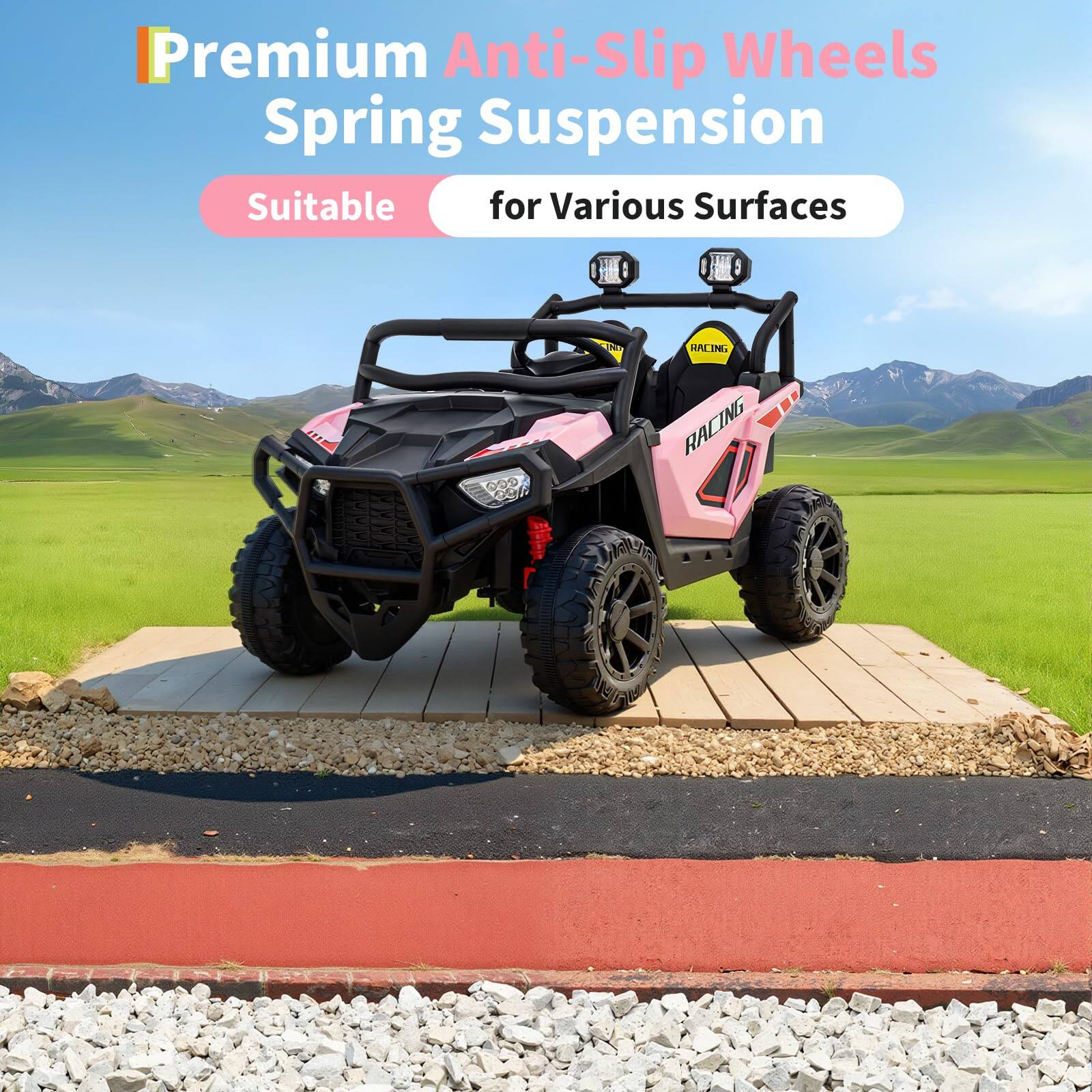 Premium Anti-Slip Wheels  
Spring Suspension  
Suitable for Various Surfaces