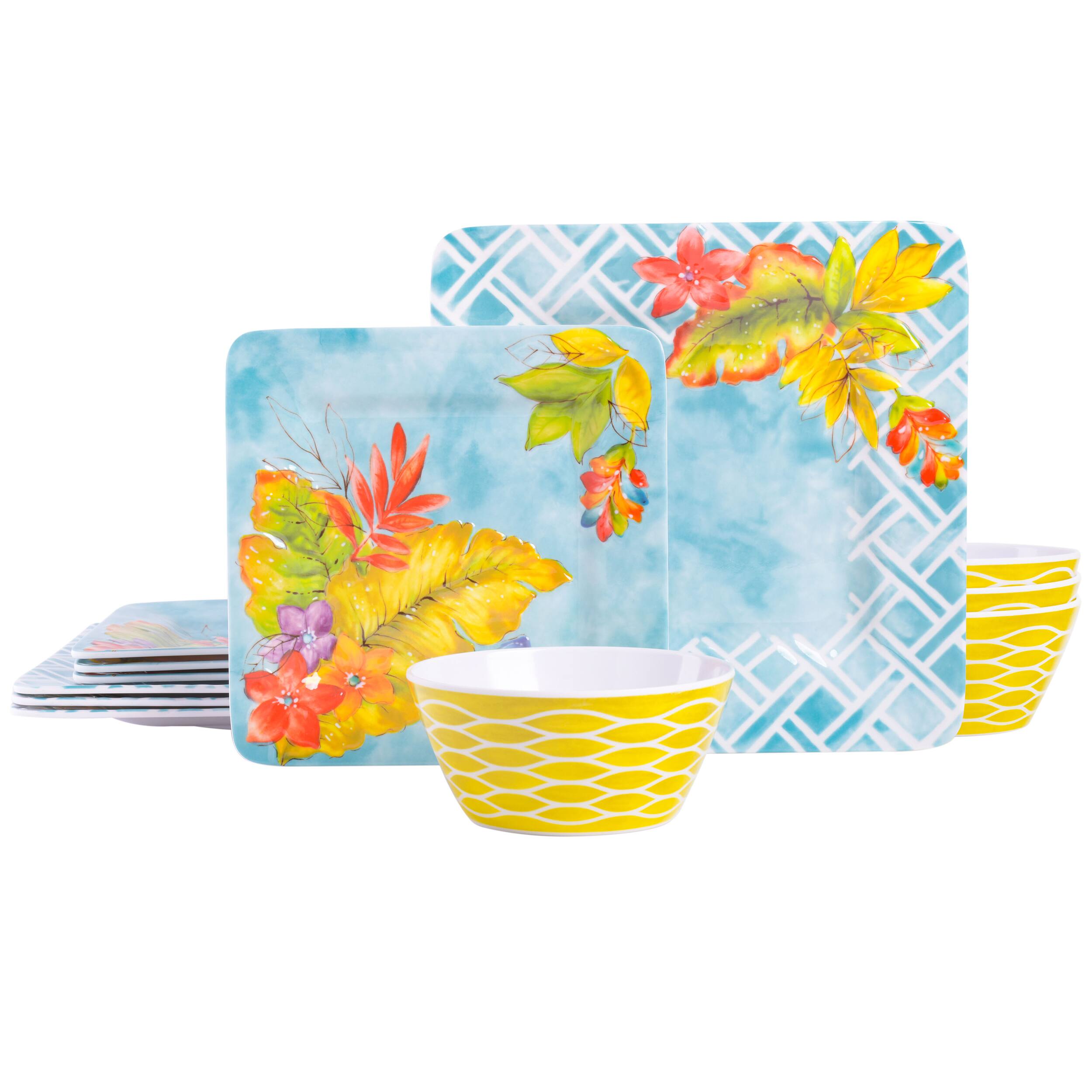 Front. Laurie Gates - Laurie Gates Tropicalla 12 Piece Square Melamine Dinnerware Set - Blue.