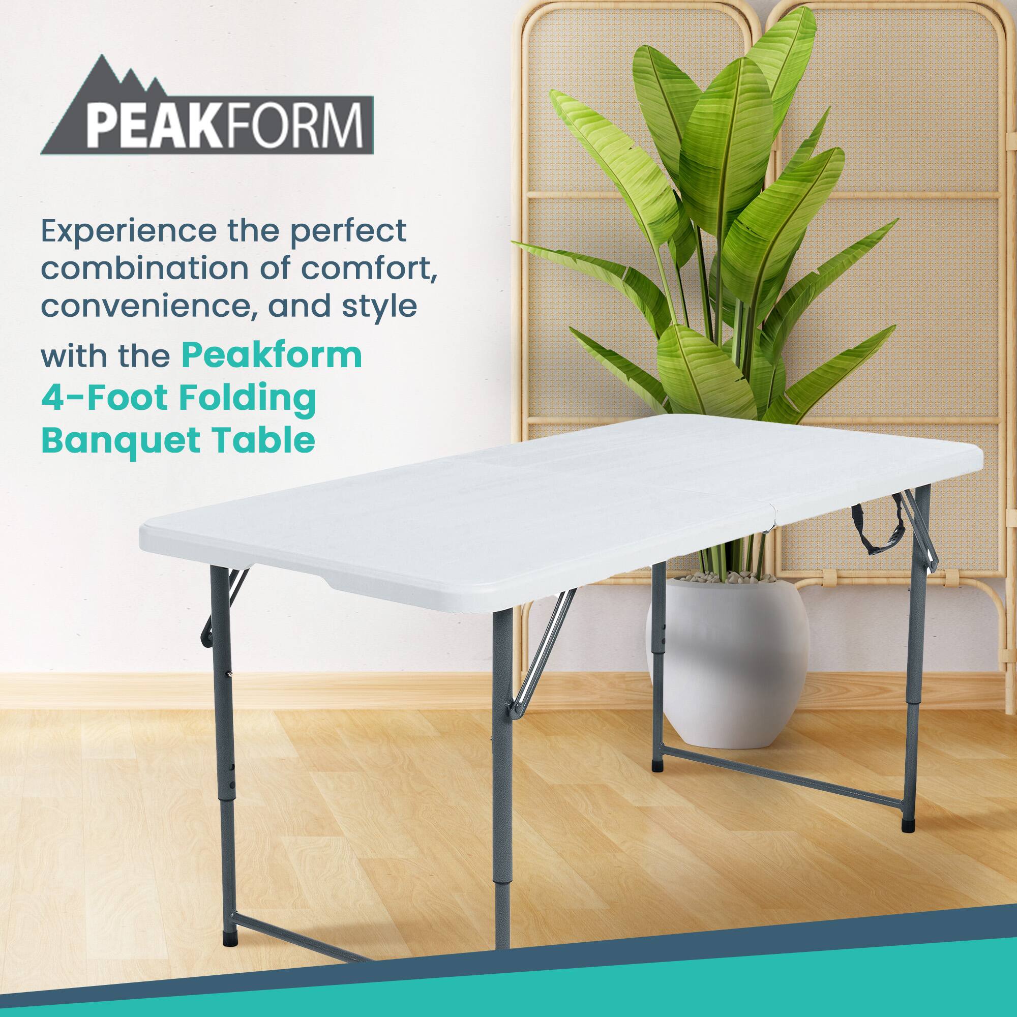 PEAKFORM

Experience the perfect combination of comfort, convenience, and style with the Peakform 4-Foot Folding Banquet Table