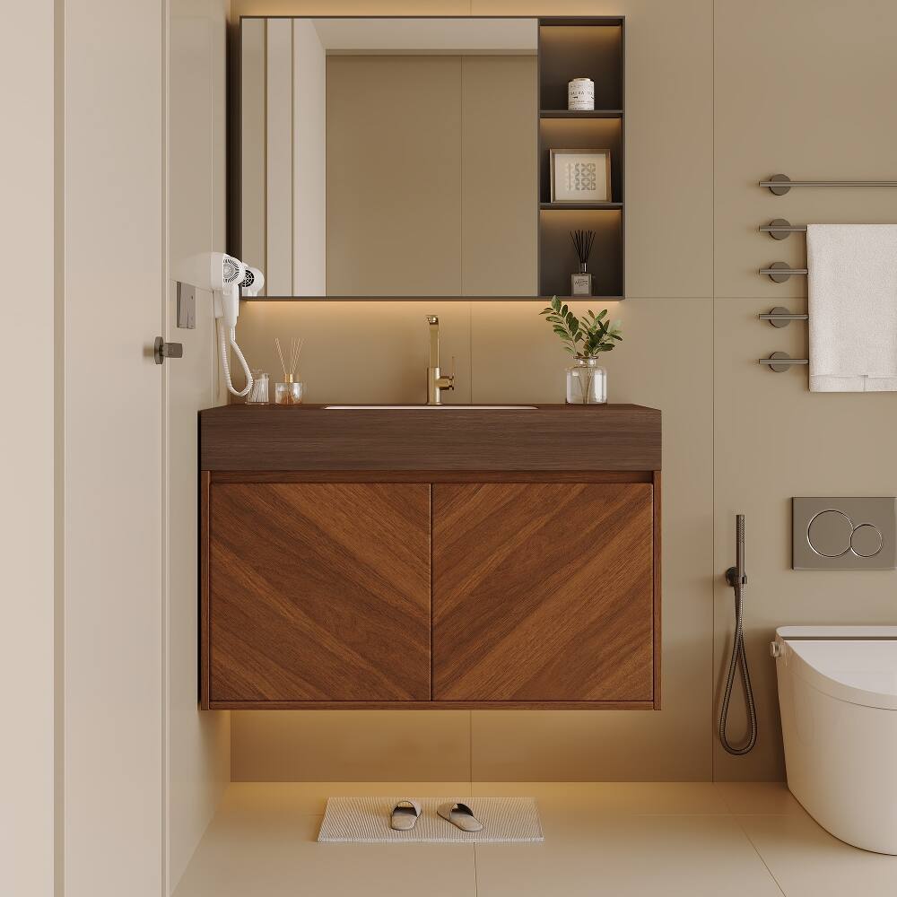 Loheer 30 inch wall mounted bathroom vanity Brown Oak Floating Cabinet ...
