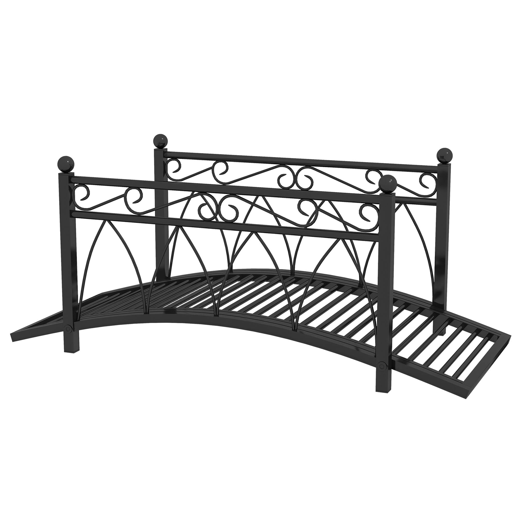 Front. Outsunny - 3.3' Metal Arch Zen Garden Bridge with Safety Siderails, Decorative Footbridge, Delicate Scrollwork & Corner Spheres - Black.
