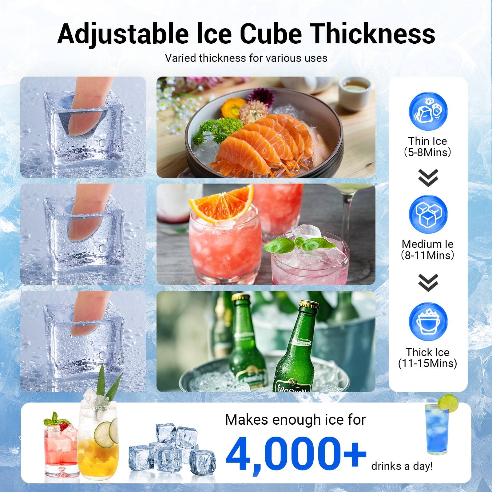 Adjustable Ice Cube Thickness  
Varied thickness for various uses  

Thin Ice (5-8 Mins)  
Medium Ice (8-11 Mins)  
Thick Ice (11-15 Mins)  

Makes enough ice for 4,000+ drinks a day!