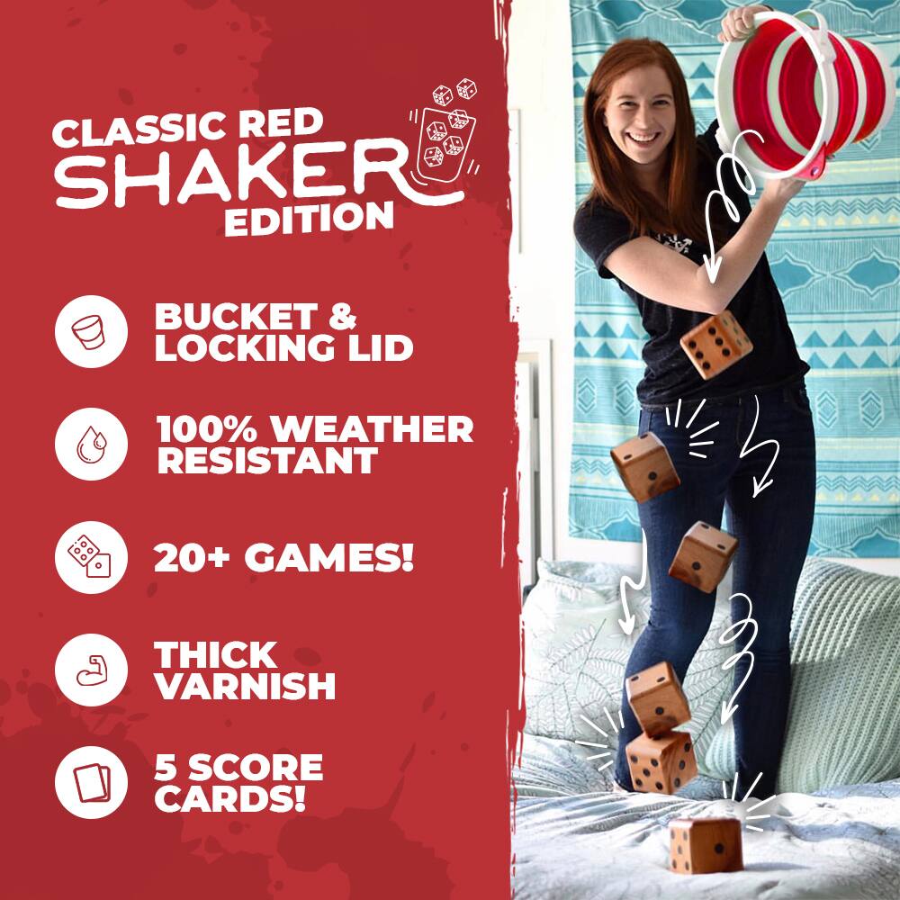 CLASSIC RED SHAKER EDITION

- BUCKET & LOCKING LID
- 100% WEATHER RESISTANT
- 20+ GAMES!
- THICK VARNISH
- 5 SCORE CARDS!