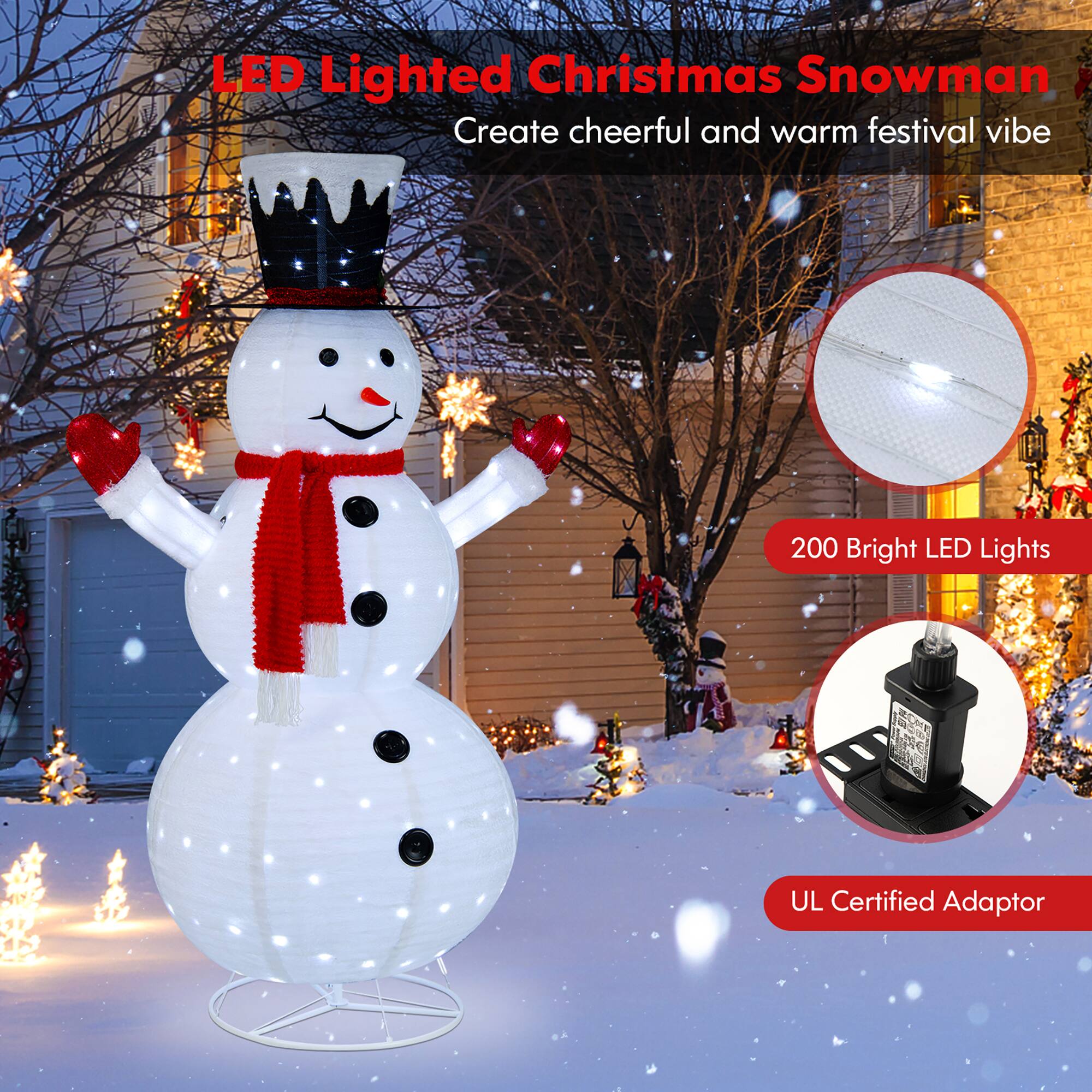 LED Lighted Christmas Snowman: Create a cheerful and warm festival vibe with 200 bright LED lights. The UL-certified adaptor ensures safety and reliability.