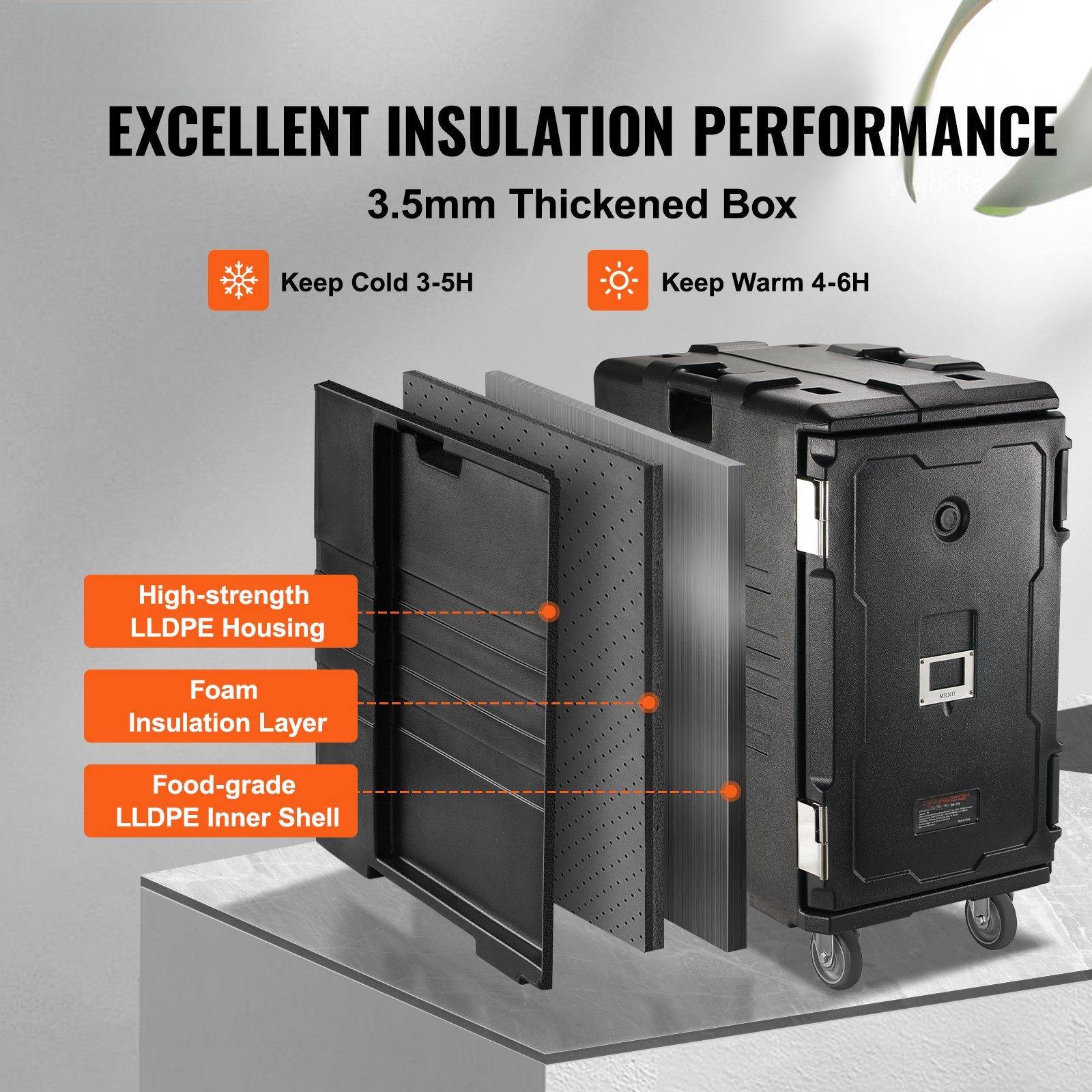 EXCELLENT INSULATION PERFORMANCE  
3.5mm Thickened Box  

Keep Cold 3-5H  
Keep Warm 4-6H  

High-strength LLDPE Housing  
Foam Insulation Layer  
Food-grade LLDPE Inner Shell