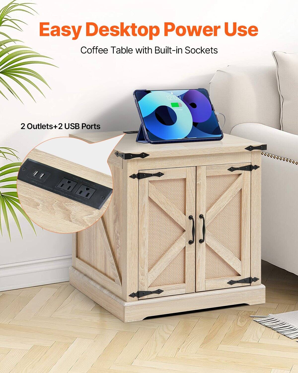 Easy Desktop Power Use  
Coffee Table with Built-in Sockets  

2 Outlets + 2 USB Ports