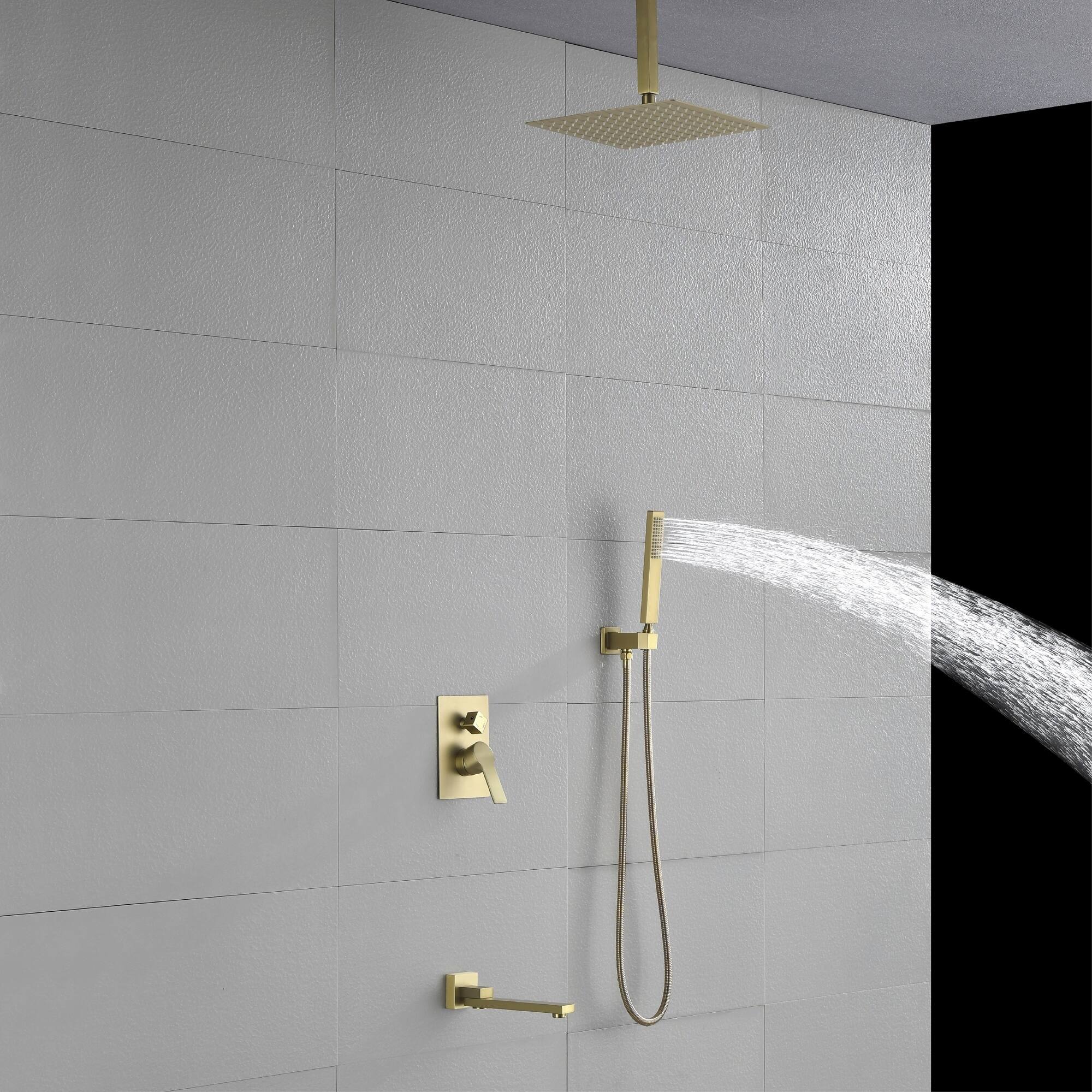 Alt View 2. Boyel Living - Brushed Gold 10-Inch Rain Shower System Brass SUS304 3-Function Valve Handheld 180° Spout cUPC - Brushed Gold.