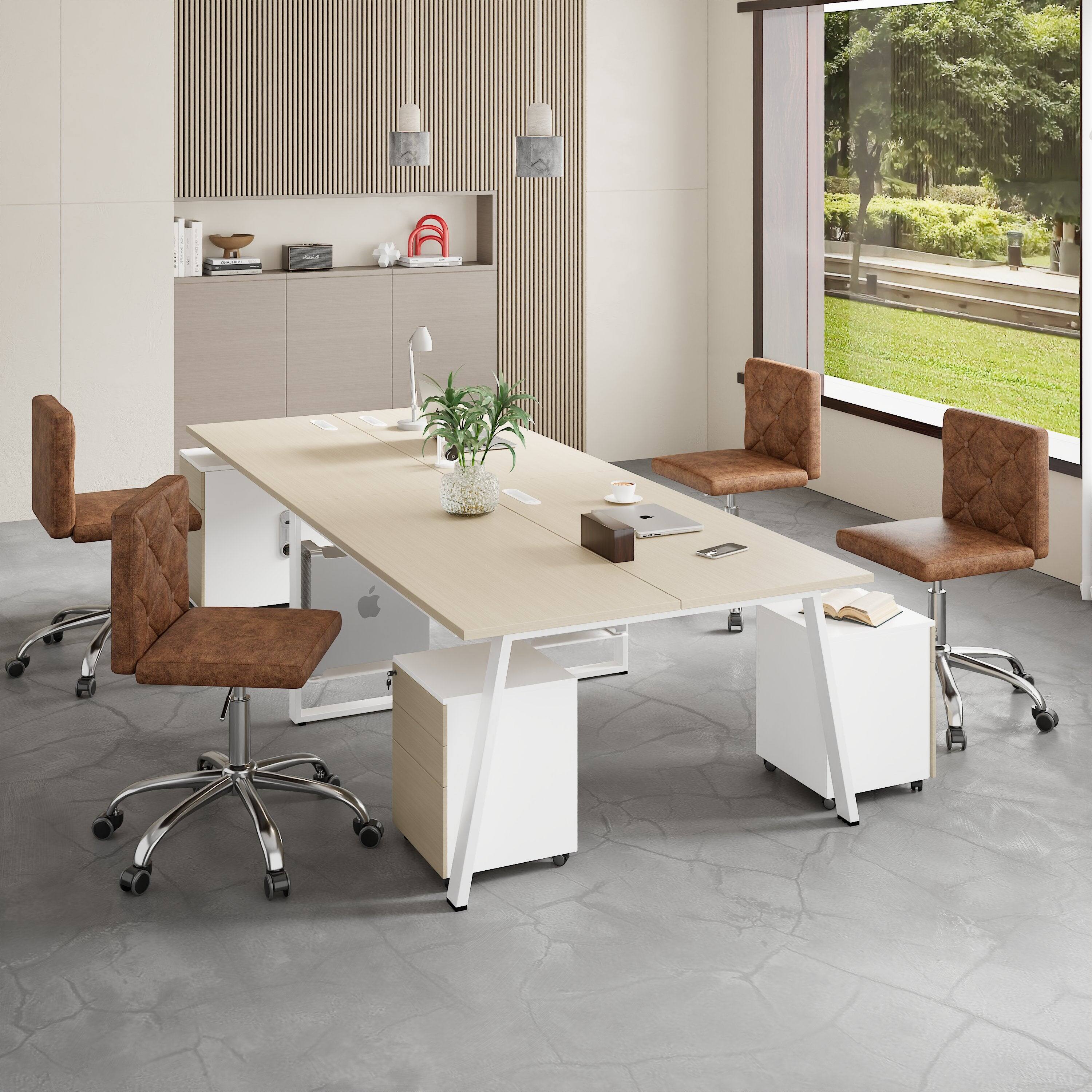 Angle. Vecelo - Brown PU Leather Armless Office Chair - 28-32 Inch Adjustable Height Task Chair, Ergonomic Computer Chair with Wheels - Dark Brown.