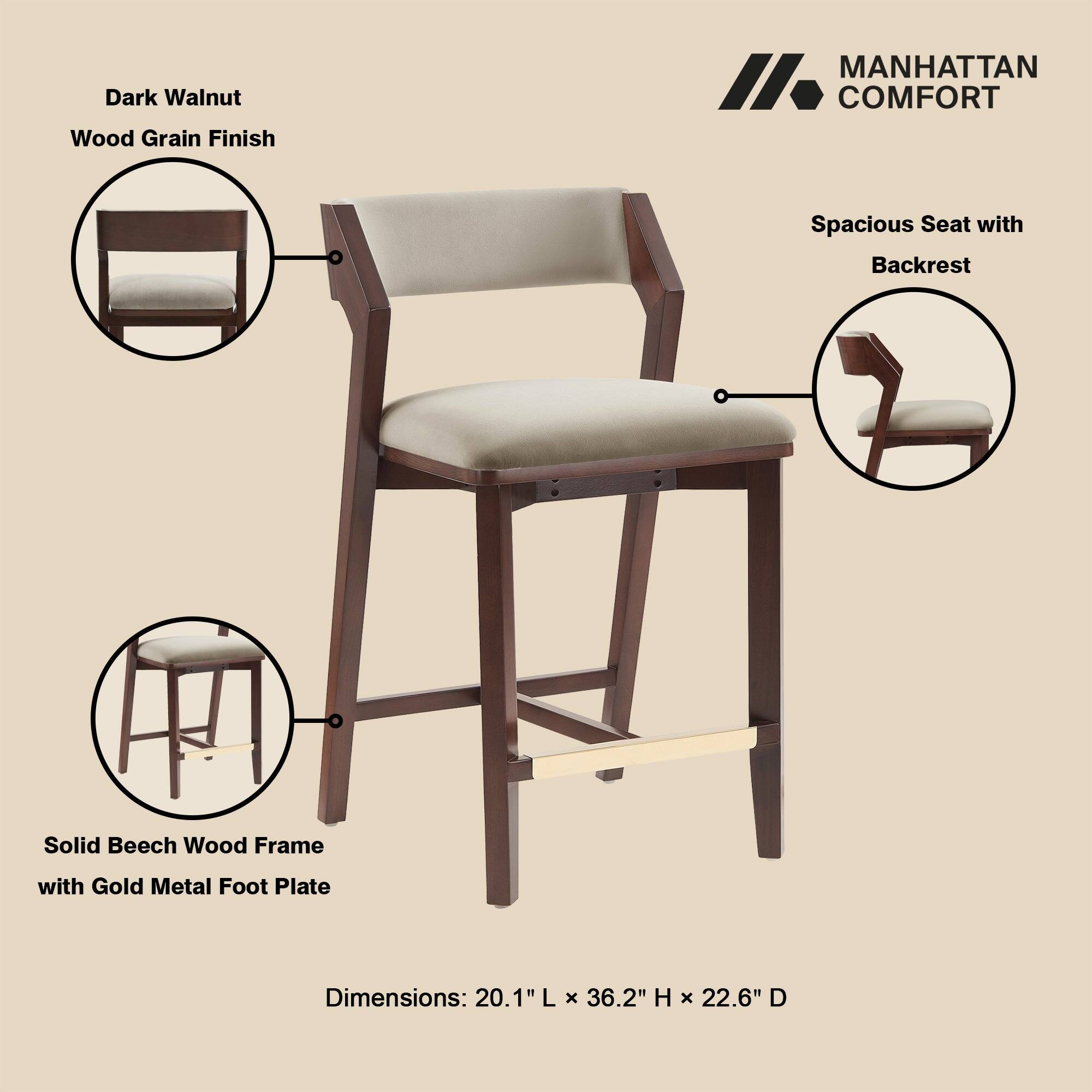 Dark Walnut Wood Grain Finish  
MANHATTAN COMFORT  
Spacious Seat with Backrest  
Solid Beech Wood Frame with Gold Metal Foot Plate  
Dimensions: 20.1"L x 36.2"H x 22.6"D