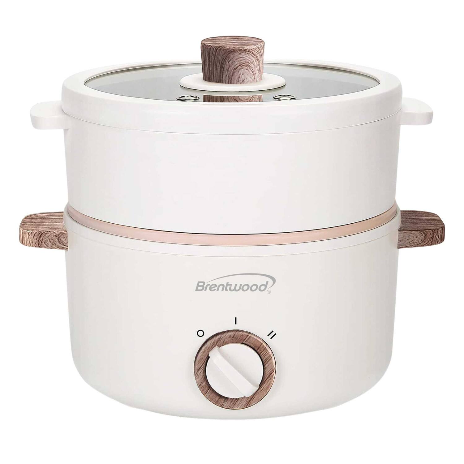 Brentwood - Multi-function Electric Hot Pot Cooker With Stainless Steel Food Steamer And Ceramic Non-stick Coating - White