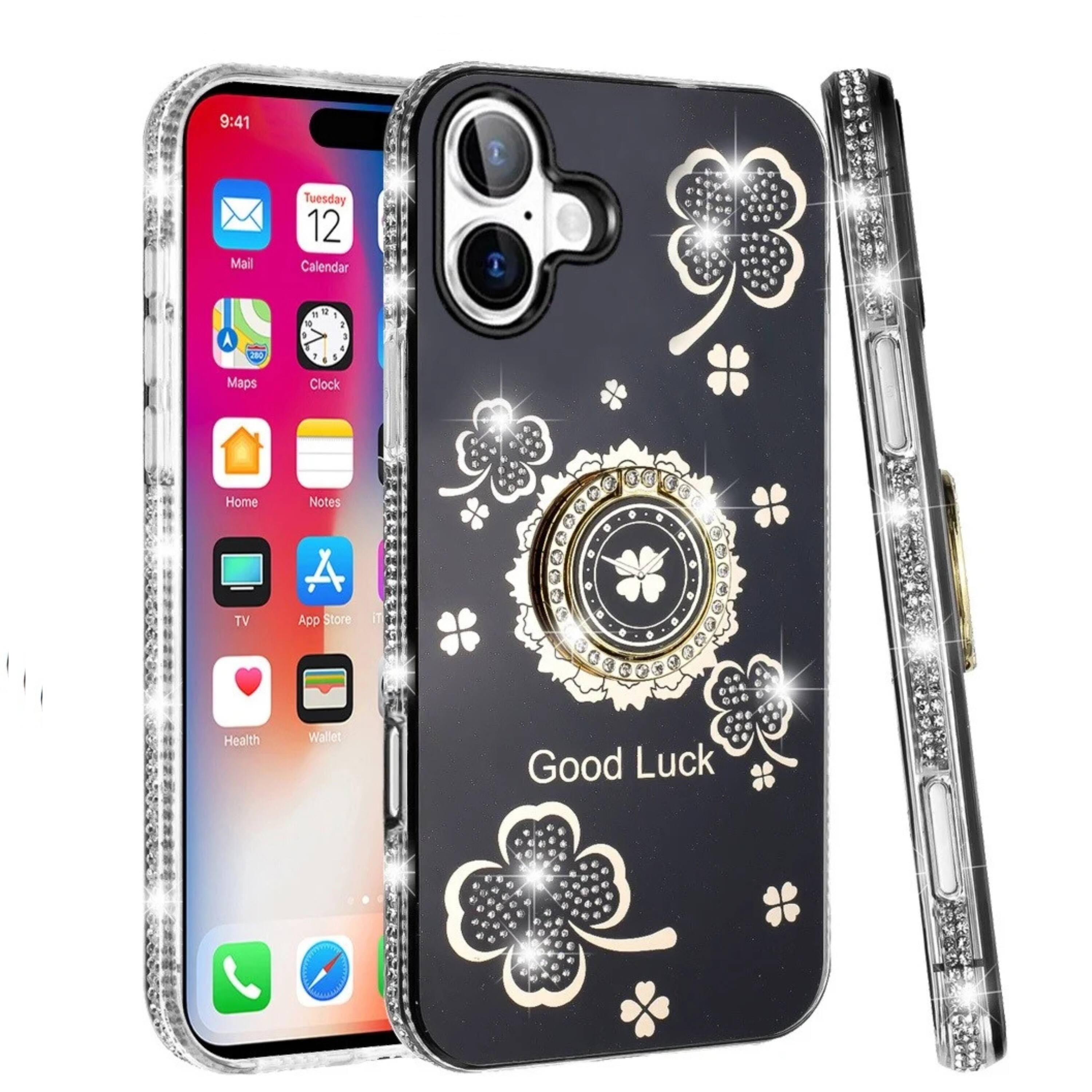 Kitcheniva Crystal Studded Clover Bling Ring Stand Phone Case With ...