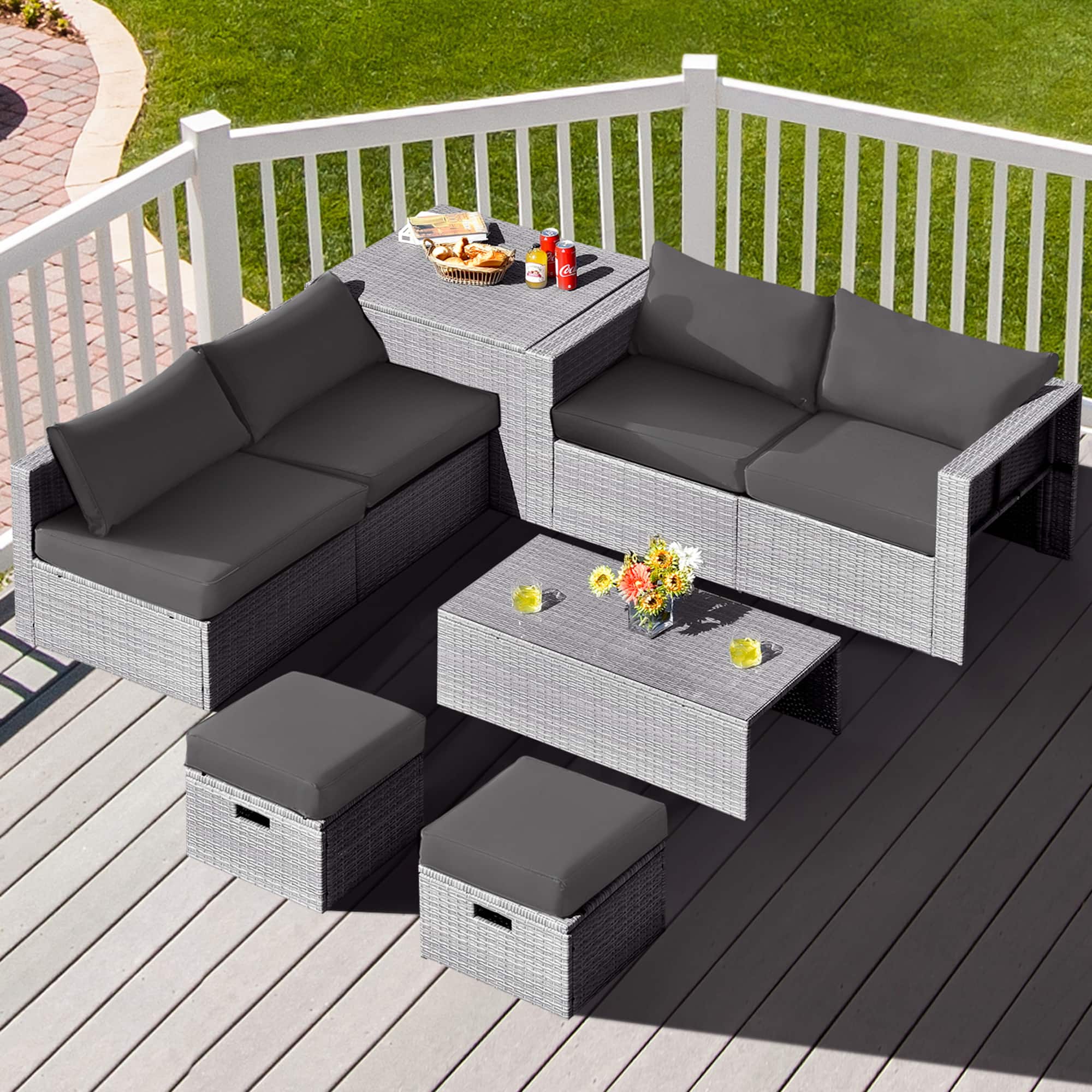 Gymax - 8PCS Rattan Patio Space-Saving Furniture Set w/ Waterproof Cover & Grey Cushions - Gray