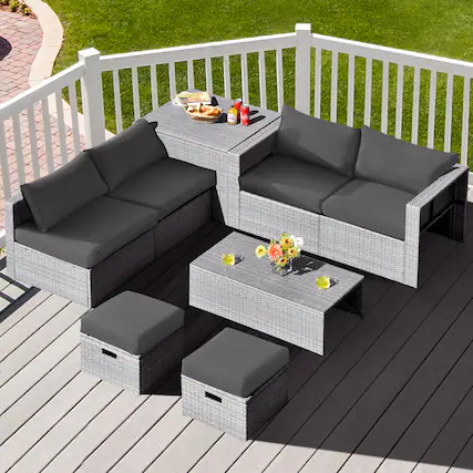 Front. Gymax - Gymax 8PCS Rattan Patio Space-Saving Furniture Set w/ Waterproof Cover & Grey Cushions - Grey.