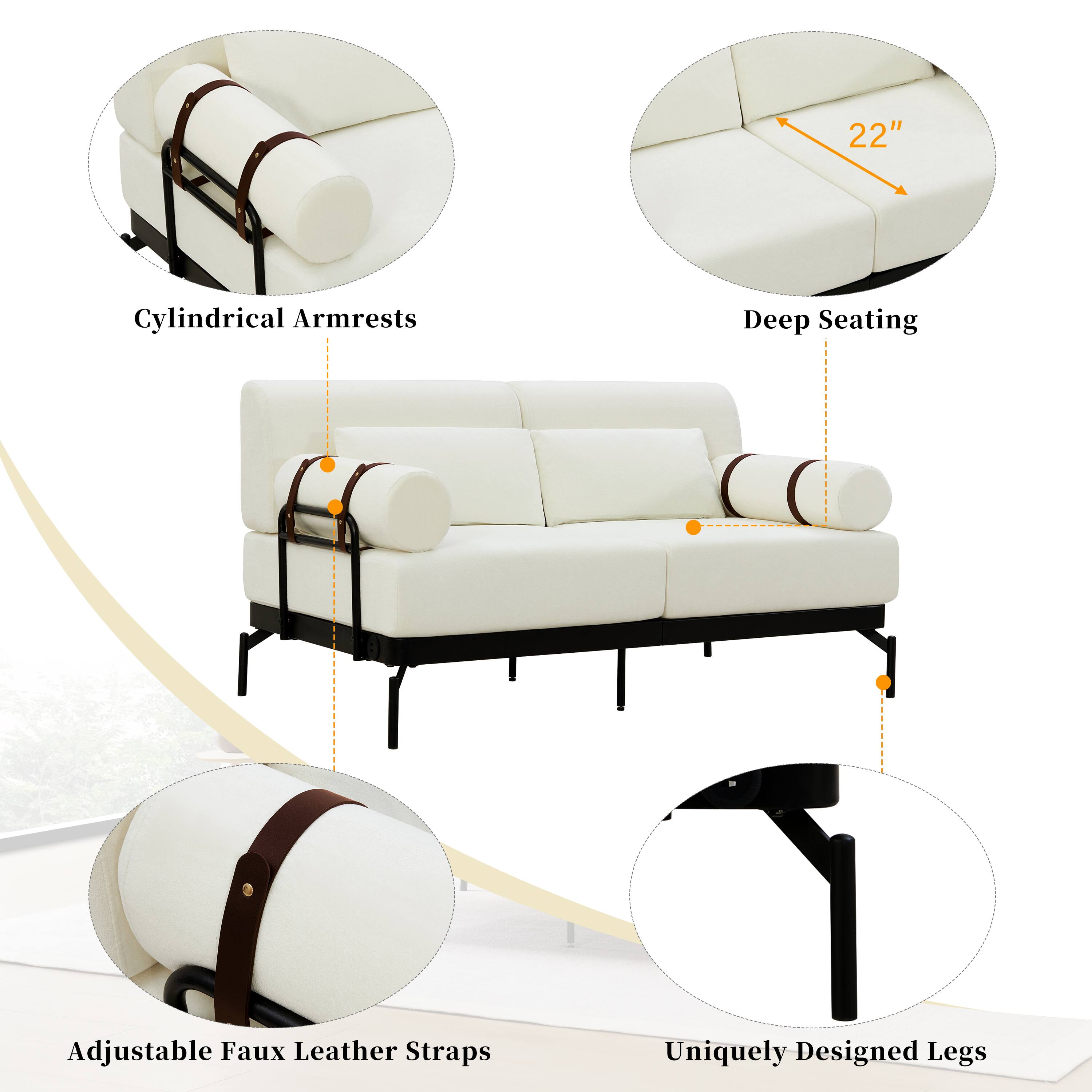 - Cylindrical Armrests
- Deep Seating (22")
- Adjustable Faux Leather Straps
- Uniquely Designed Legs