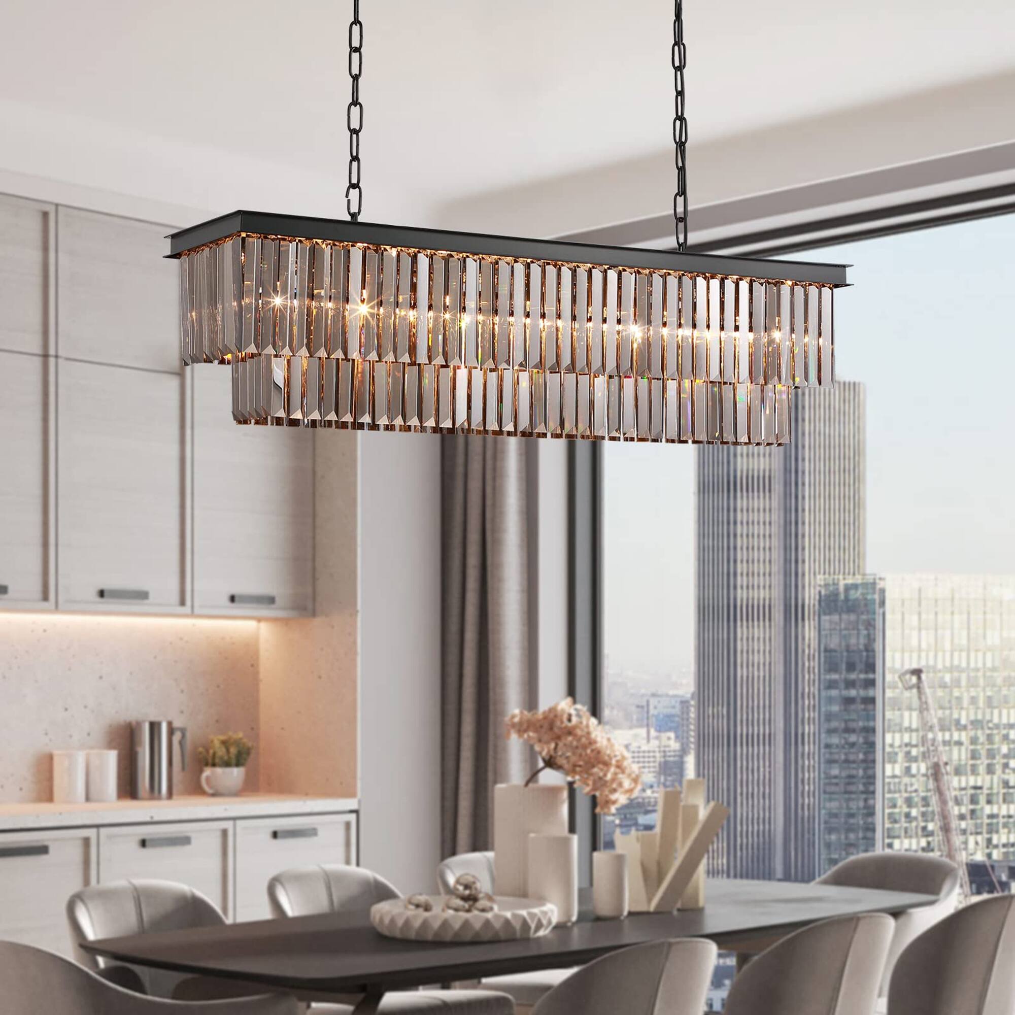 Front. Siljoy - 39.4 In 7 Light Smoke Black Crystal Linear Chandelier E12 Hardwired Adjustable Rod For Dining Kitchen Living Foyer - Smoke Black.