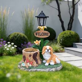 Anysun - Sitting Dog Solar Lantern Planter Statue – Weather-Resistant Resin Garden Decor with Built-In Light and Flower Pot - Brown