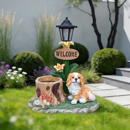 Front. Anysun - Sitting Dog Solar Lantern Planter Statue – Weather-Resistant Resin Garden Decor with Built-In Light and Flower Pot - Brown.