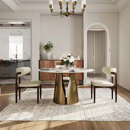 POVISON - 47" Modern Glossy White Sintered Stone Round Dining Table for 4 with Bronze Steel Base - Glossy White Sintered Stone & Bronze Steel Base