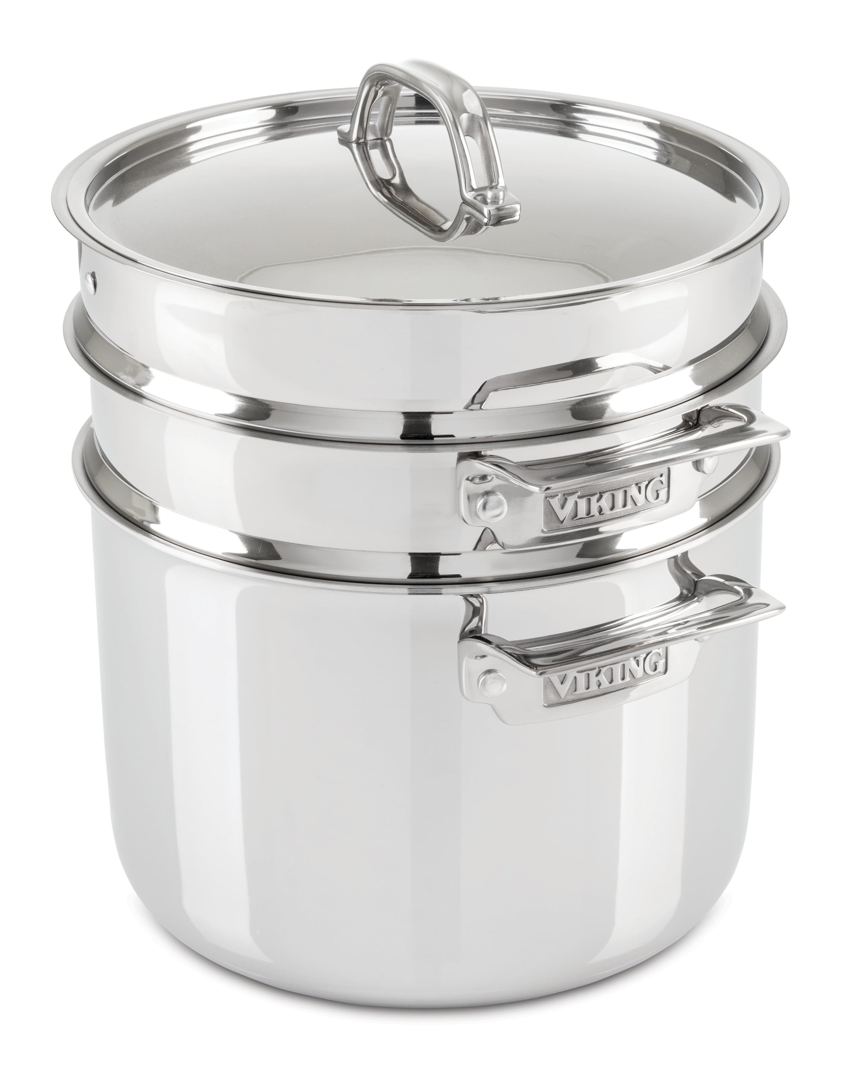 Angle. Viking - Viking 3 Ply 8 Qt. Multi-Cooker, Pasta Pot & Steamer Insert, Mirror - Stainless Steel.