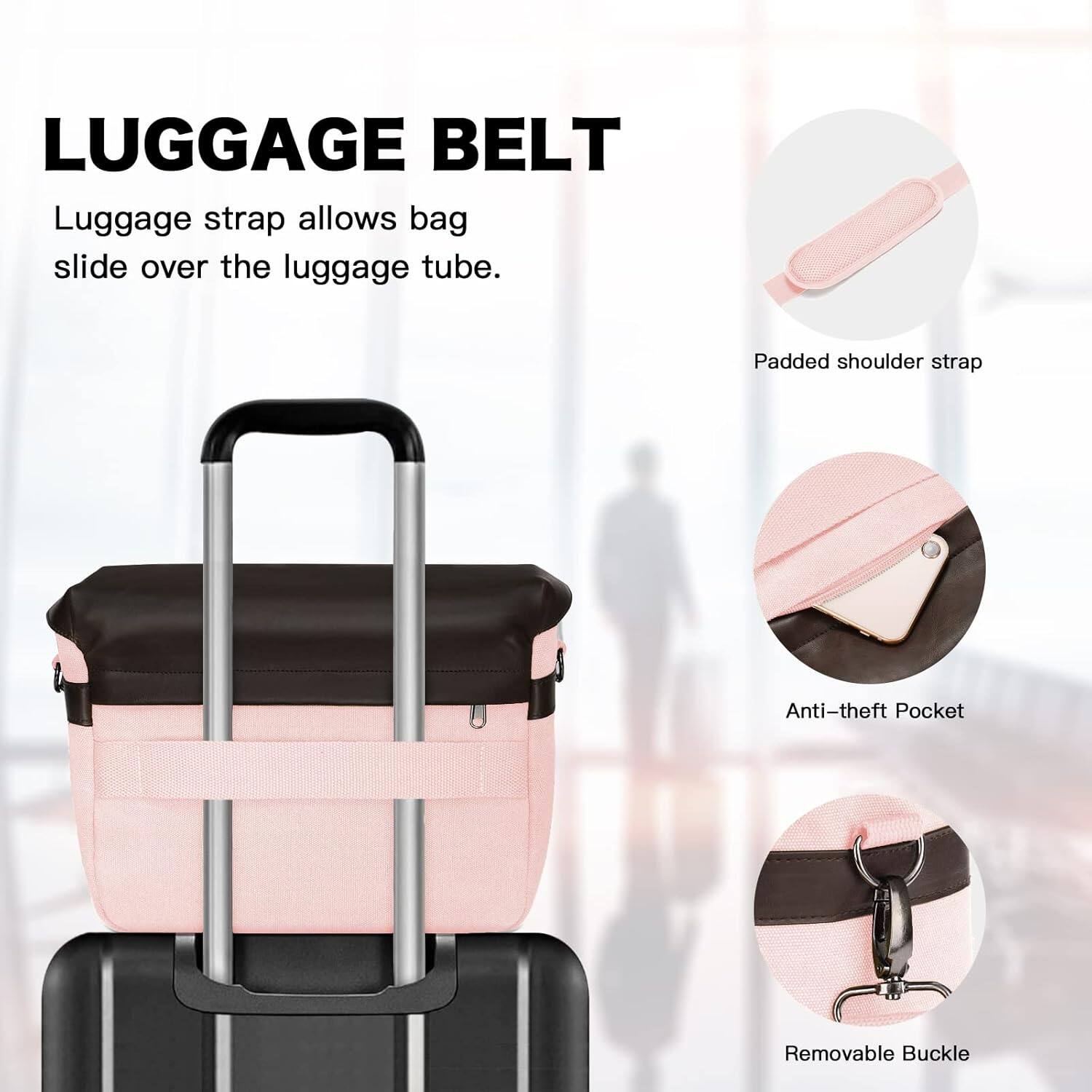 LUGGAGE BELT

Luggage strap allows bag slide over the luggage tube.

Padded shoulder strap

Anti-theft Pocket

Removable Buckle
