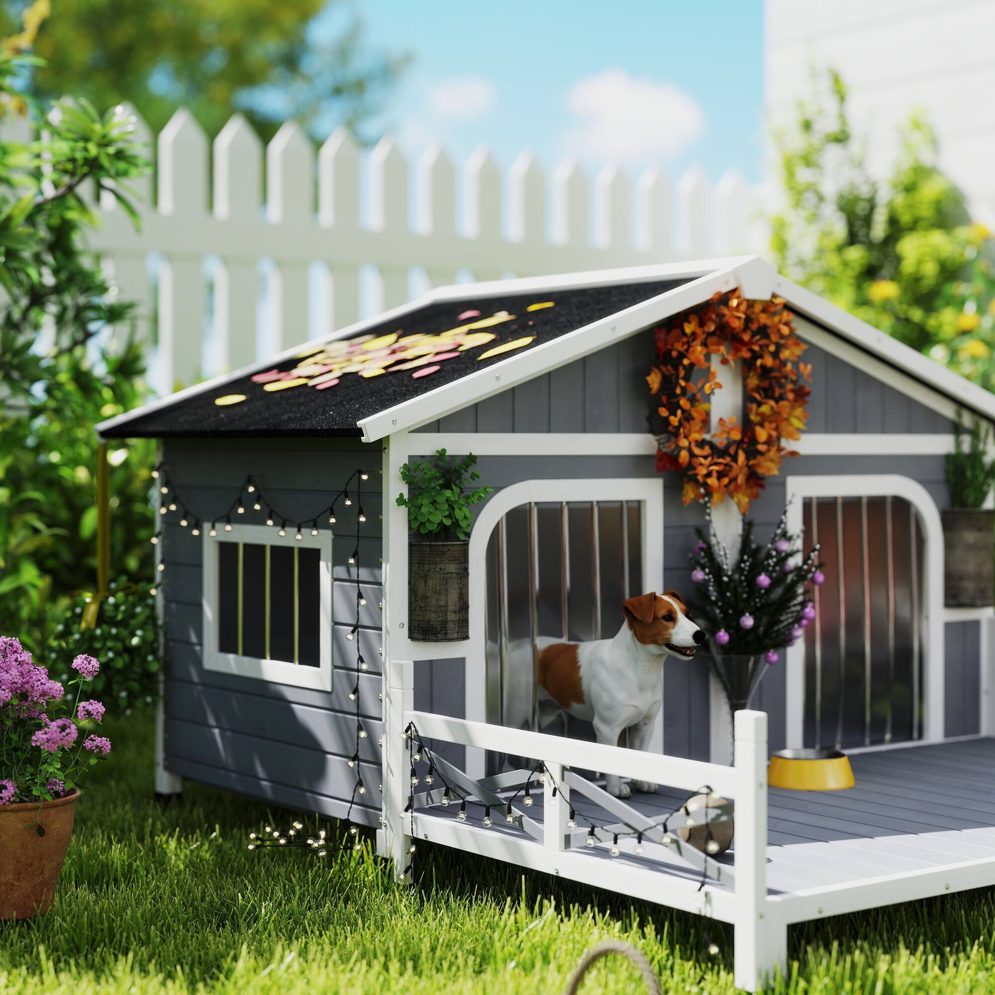 Alt View 5. Pawhut - Dog House Outdoor, Wooden, Double Room, Openable Roof, Removable Bottom, Small to Medium Dogs.