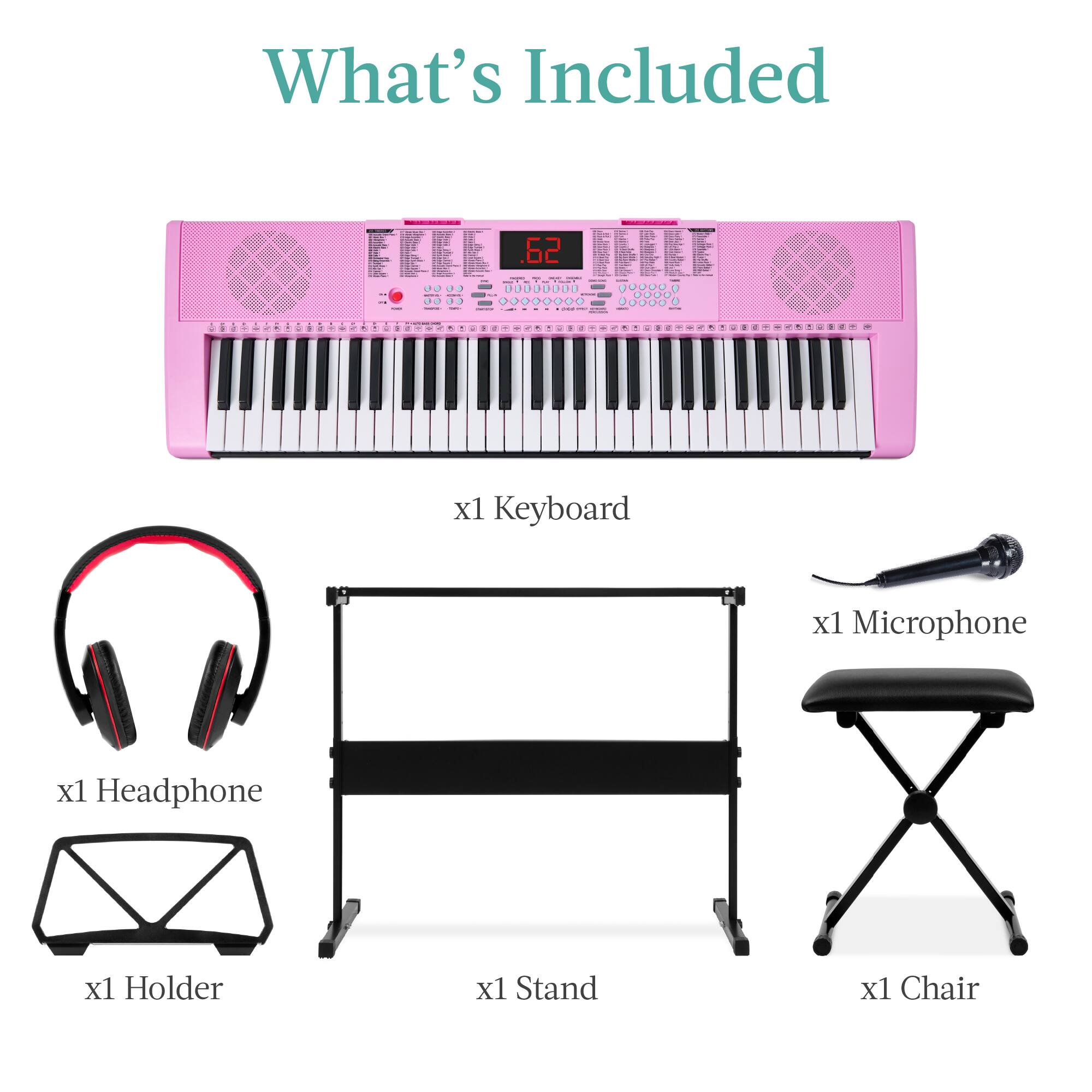 What's Included

x1 Keyboard  
x1 Headphone  
x1 Holder  
x1 Stand  
x1 Microphone  
x1 Chair